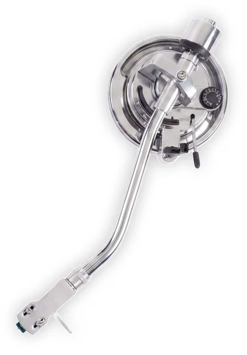 Metal tonearm for a turntable with adjustable counterweight and anti-skate dial.