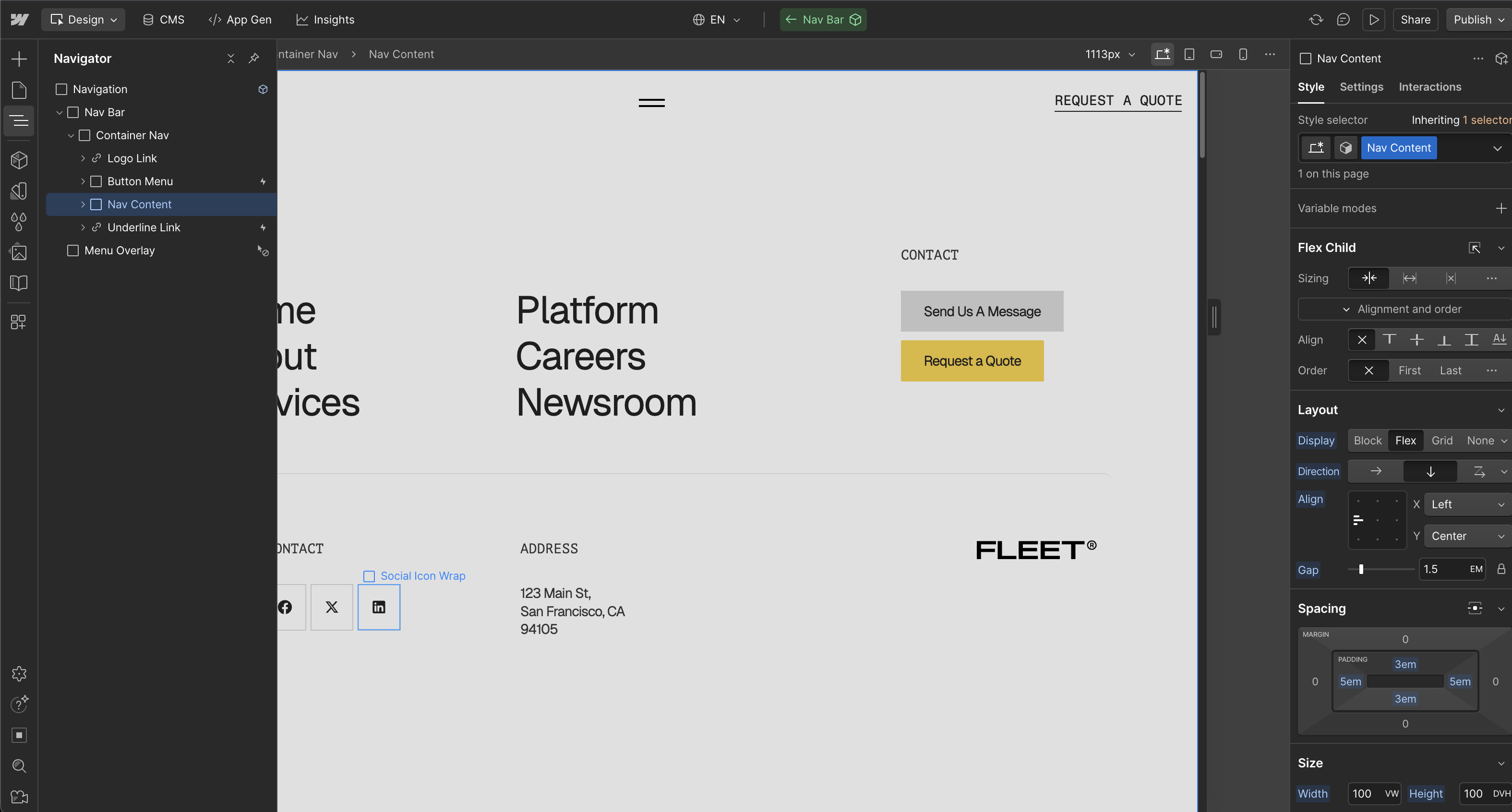Web design editor showing navigation bar structure and styling options in interface.