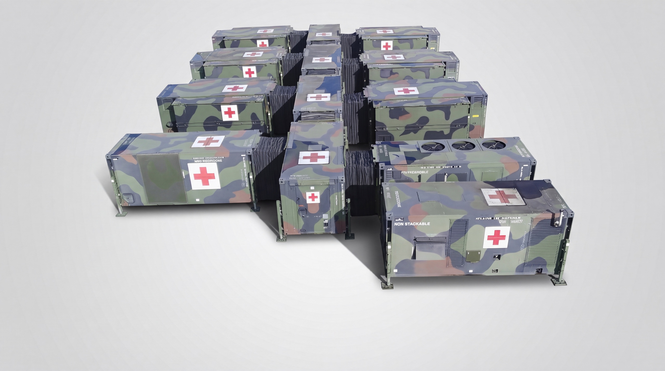 Système complet d’hôpital de campagne conforme aux normes de l’OTAN et disponible en stock, présenté sous forme d’unités en conteneur.