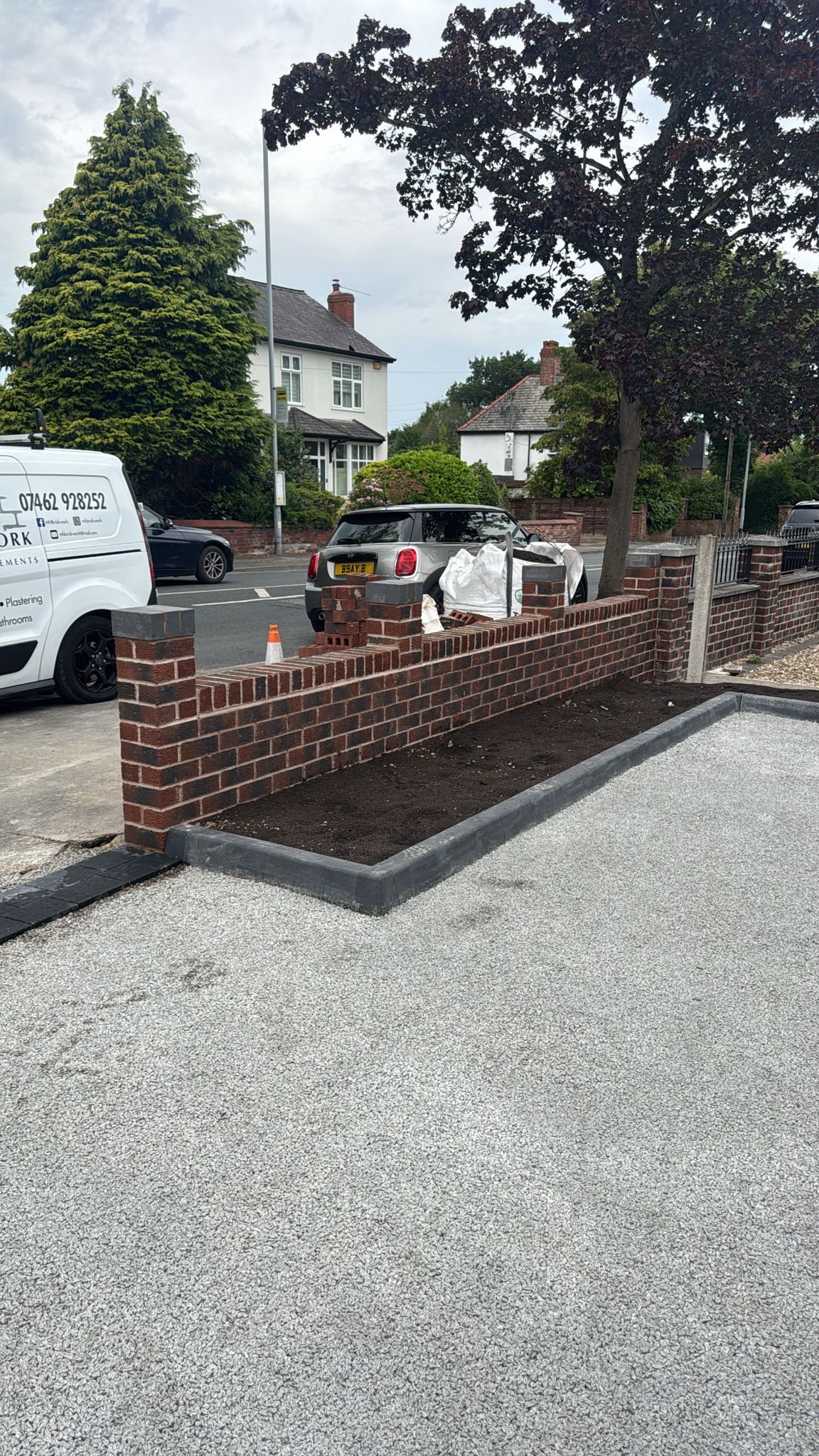 New brickwork garden wall and driveway edging completed at residential property in Derbyshire