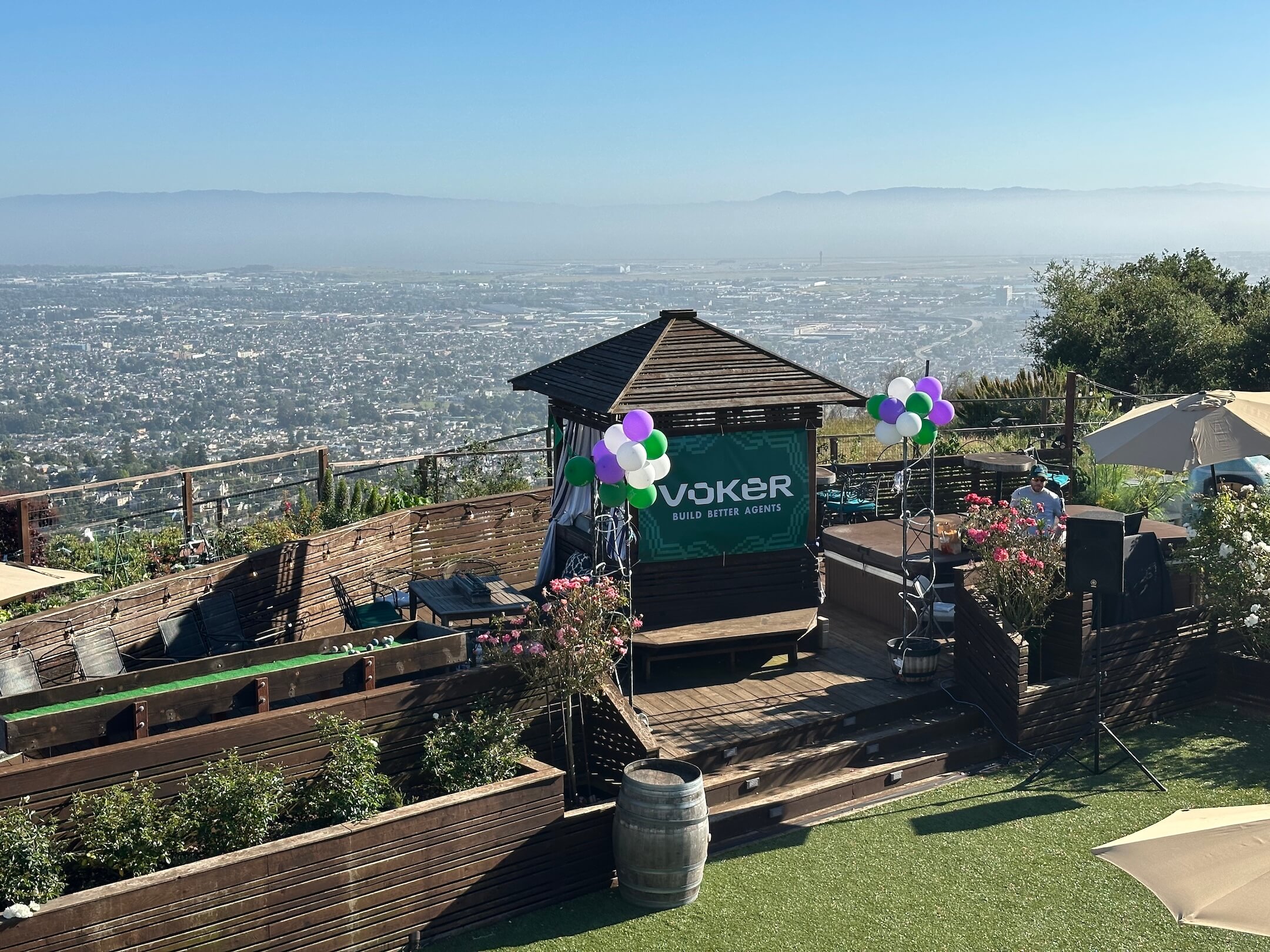 view of san francisco with tent and balloons for a party