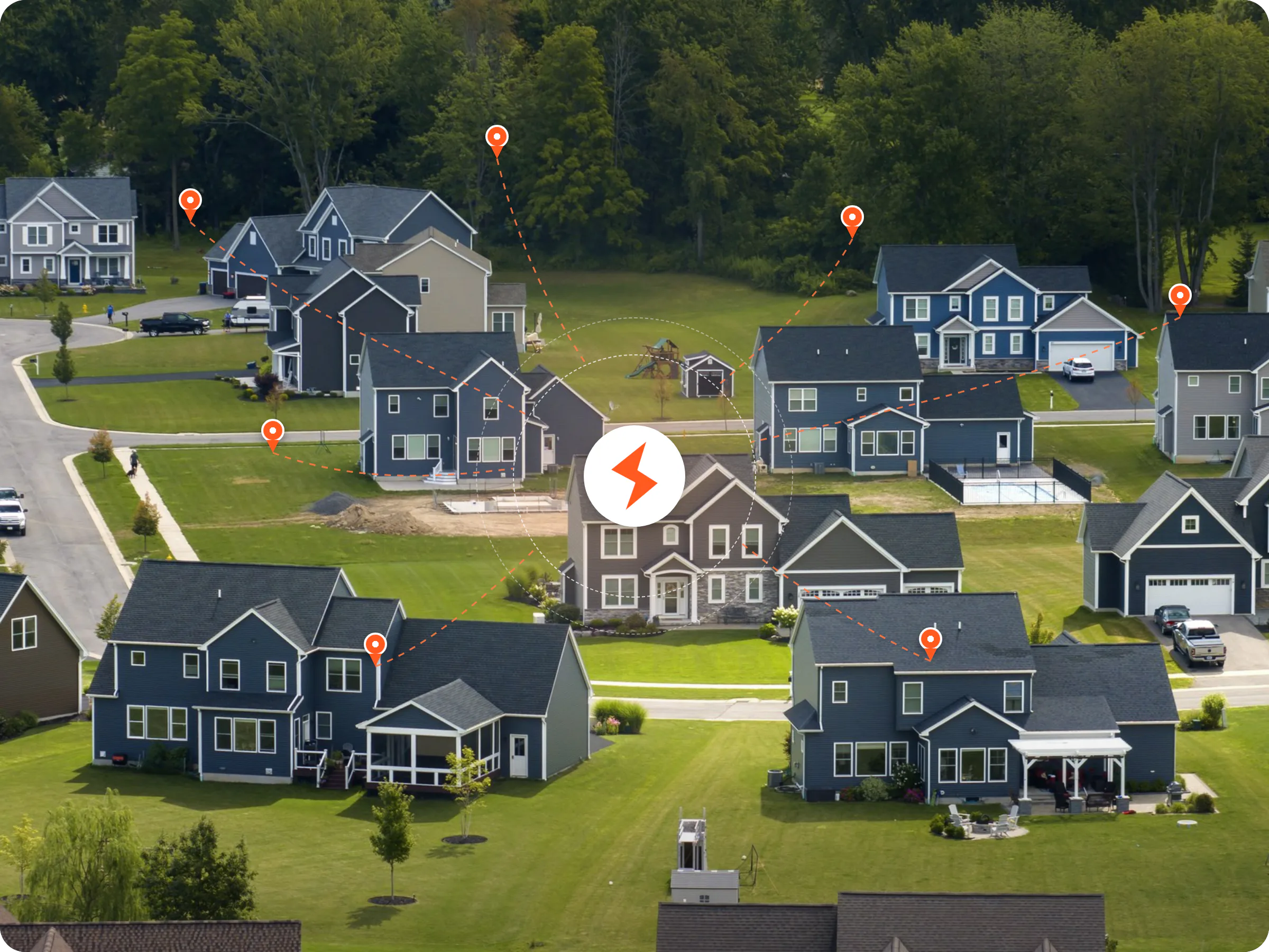 Scattered single-family rental homes across a neighborhood, each pinned and connected into one RentEngine system