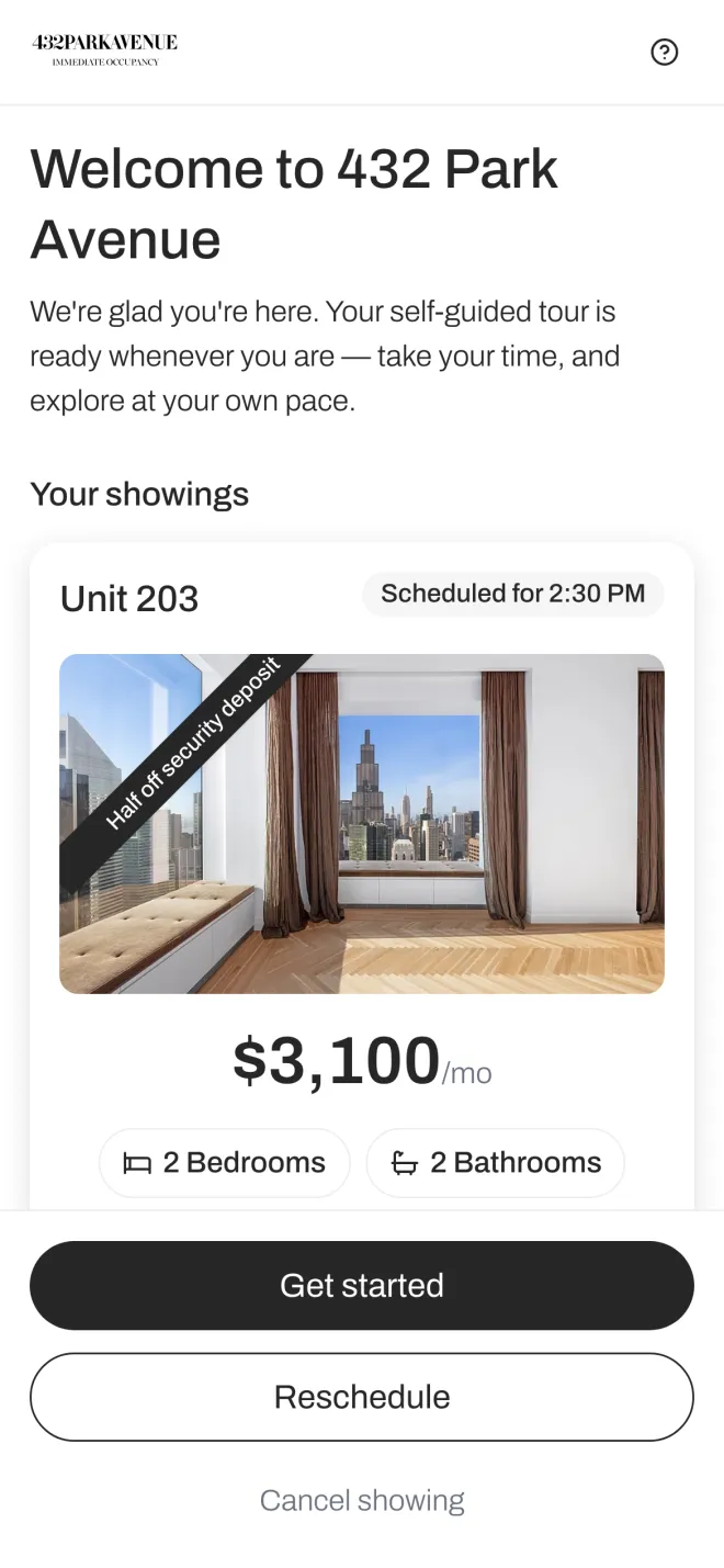 Self-guided tour welcome screen for Unit 203