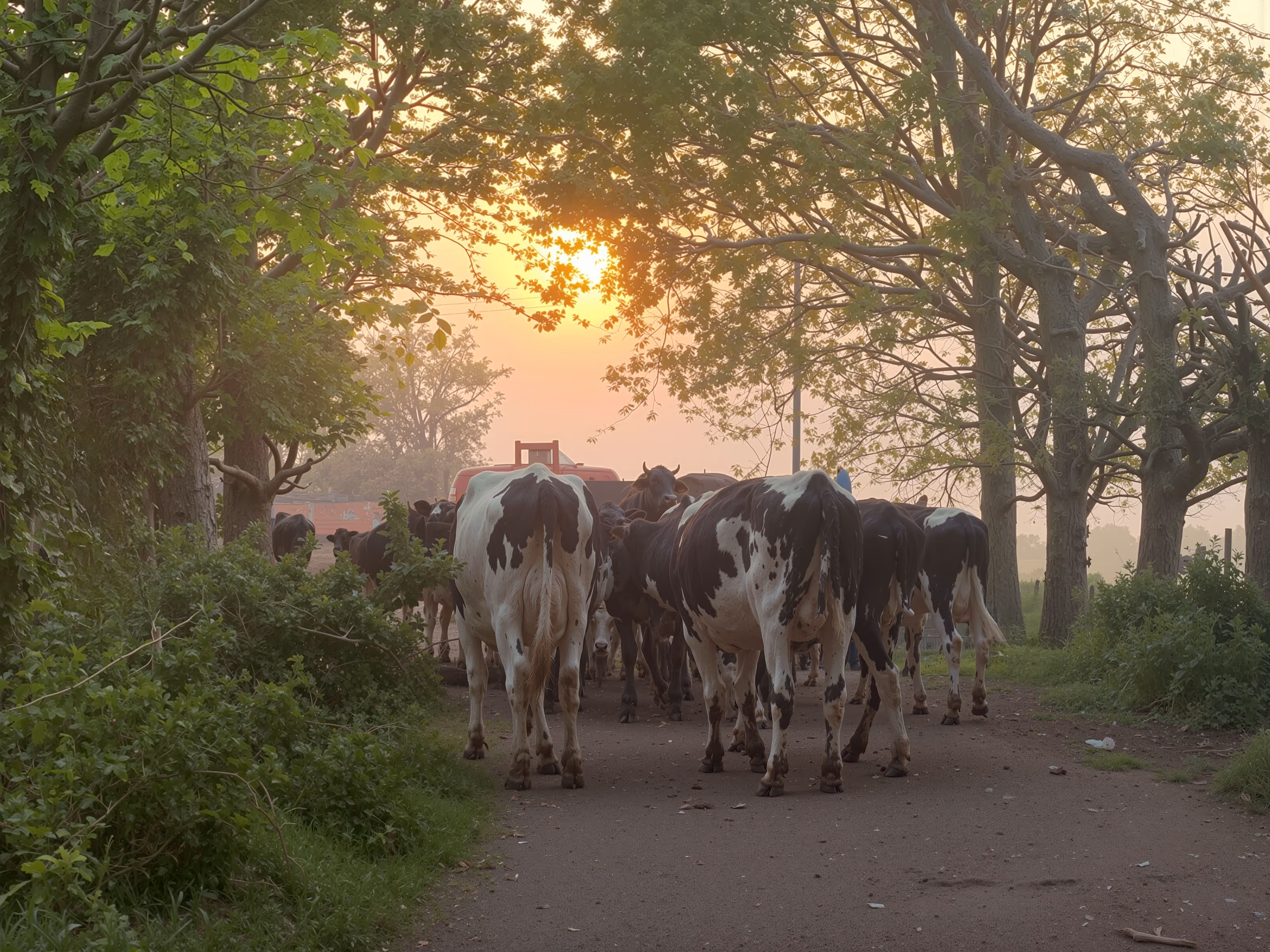 A group of black and white cows walking down a tree-lined path at sunrise or sunset.