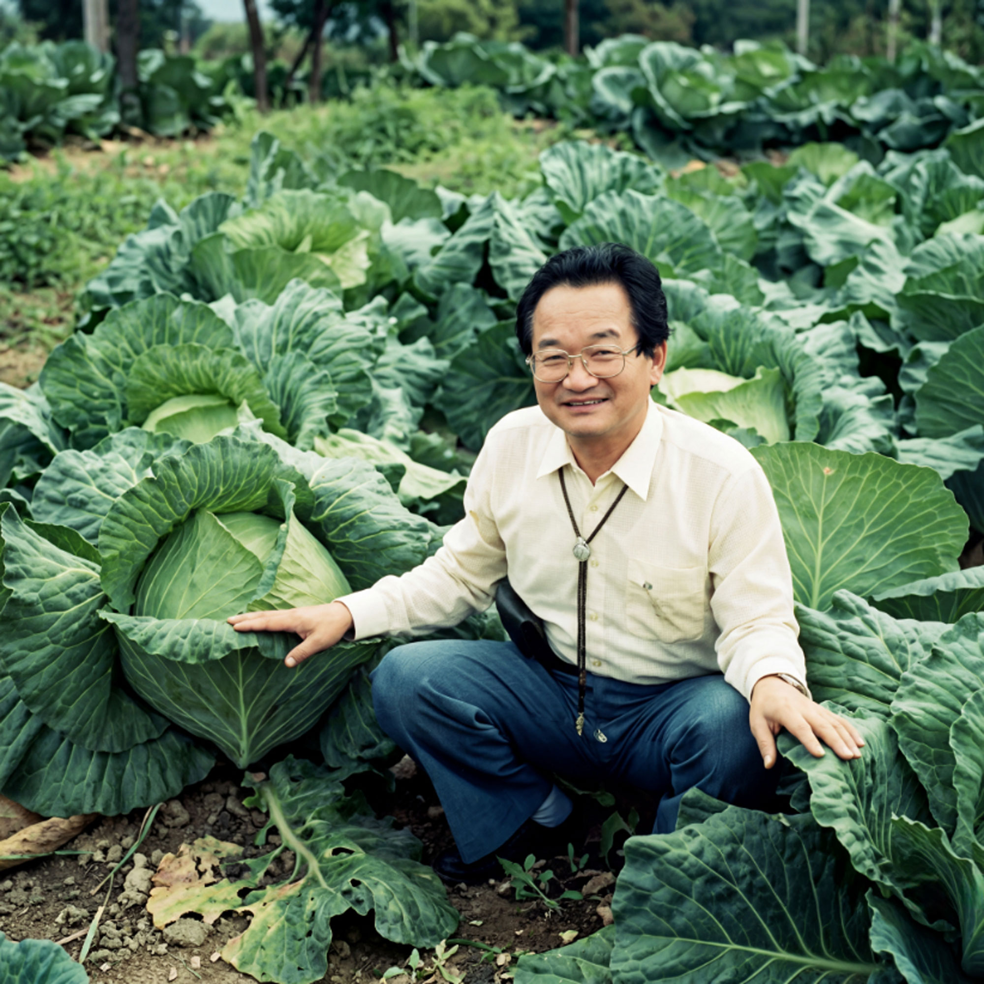 Man smiling and crouching among large green cabbages in a lush farm field. Master-Cho