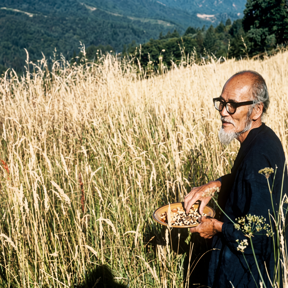 Elderly man with glasses in tall grass holding a plate with mixed nuts and seeds. Masanobu Fukuoka