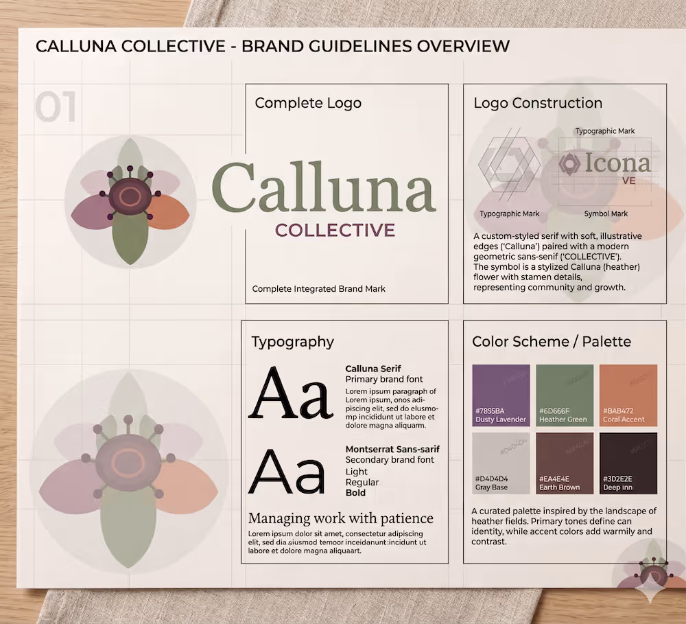 Image of the typography and color palette of a brand guide page