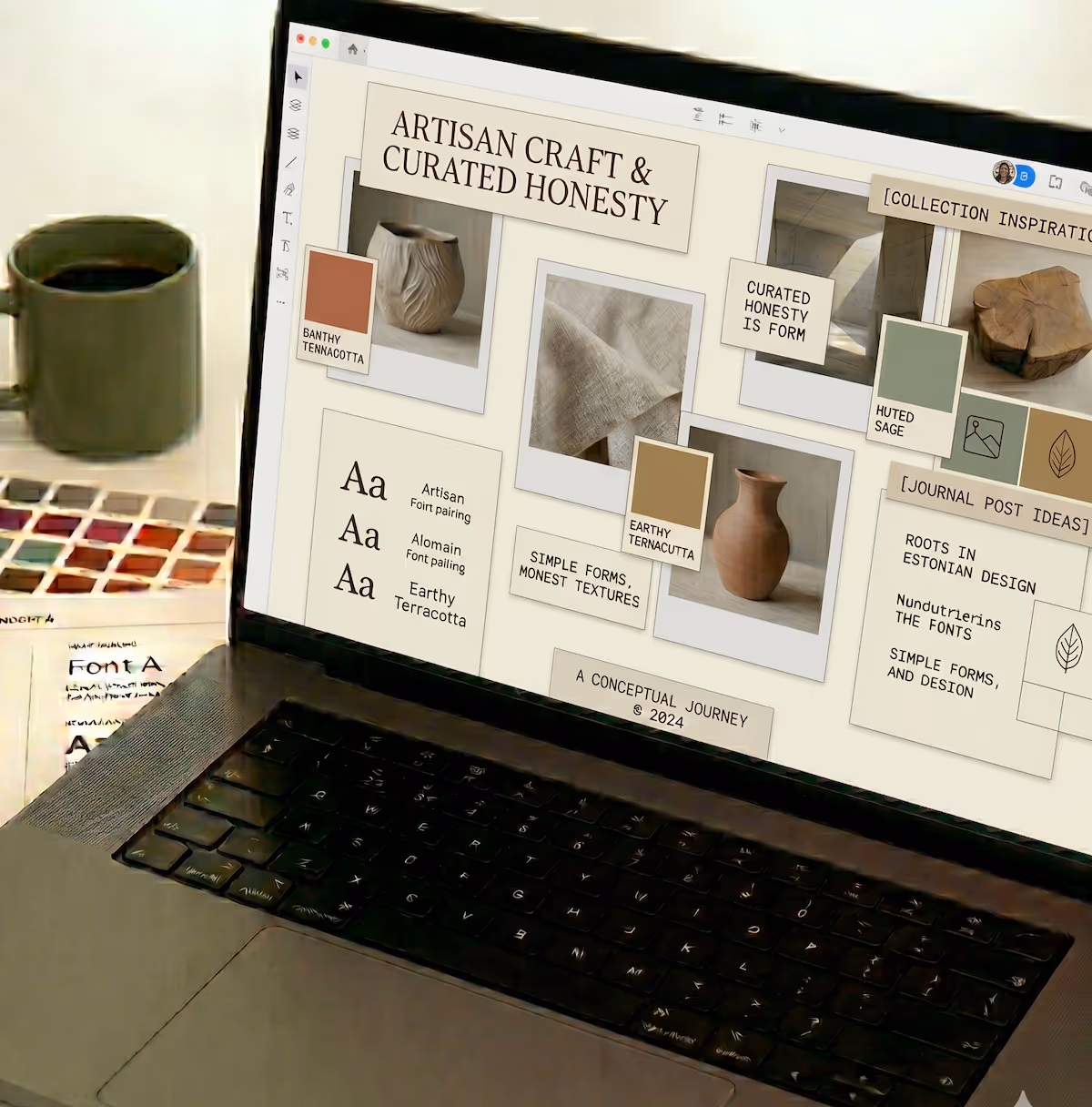Image of a laptop on a desktop featuring color swatches and a digital mood board