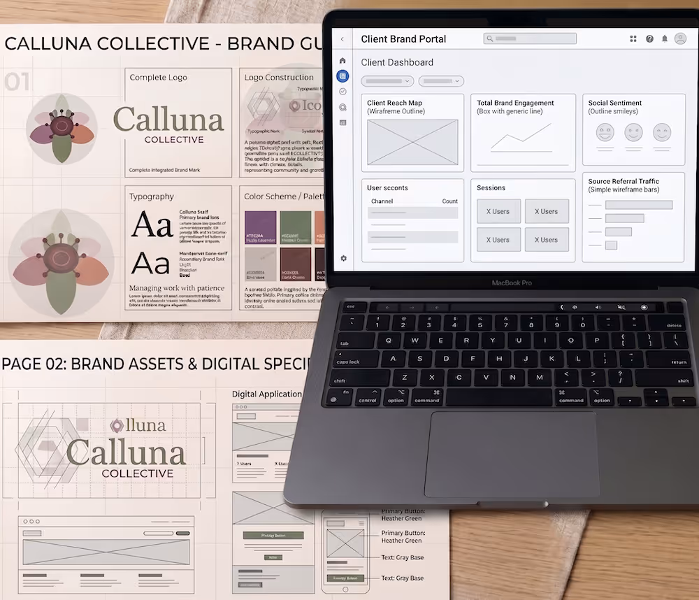 Image of a laptop on a desktop featuring color swatches and a digital mood board