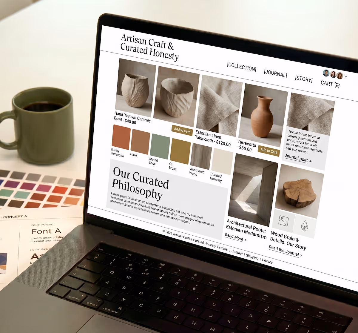 Image of a laptop on a desktop featuring color swatches and a digital mood board
