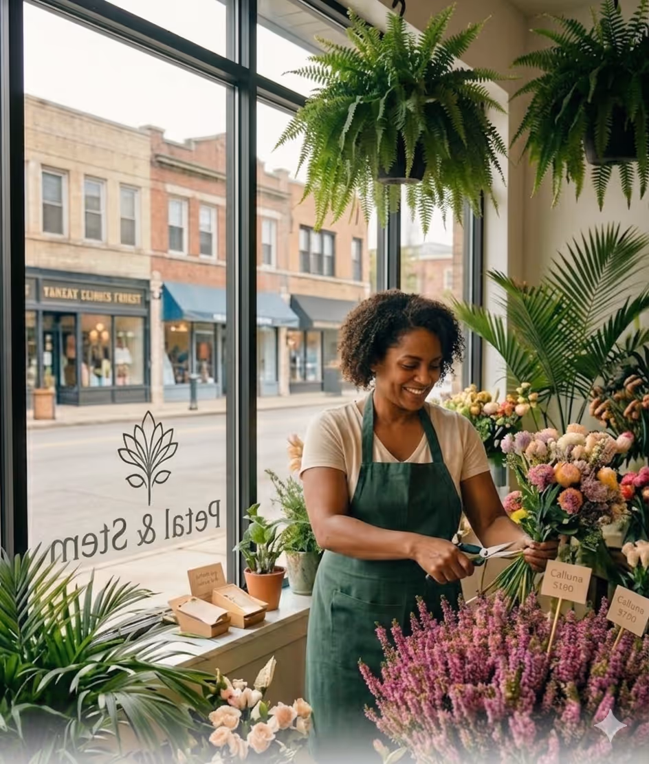 Image of an African American woman florist in her flower shop. 