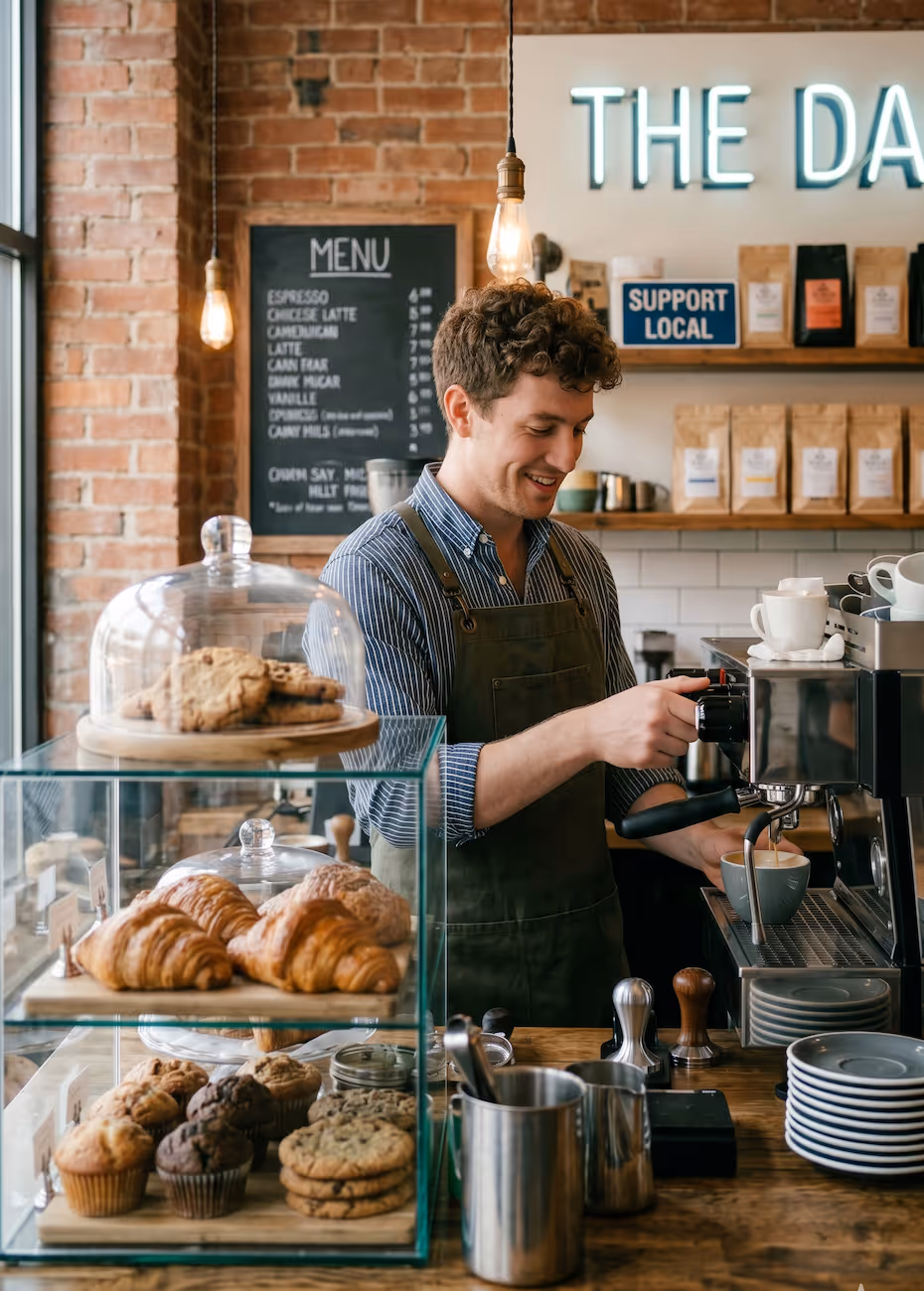 Image of a barista behind their coffee shop counter.