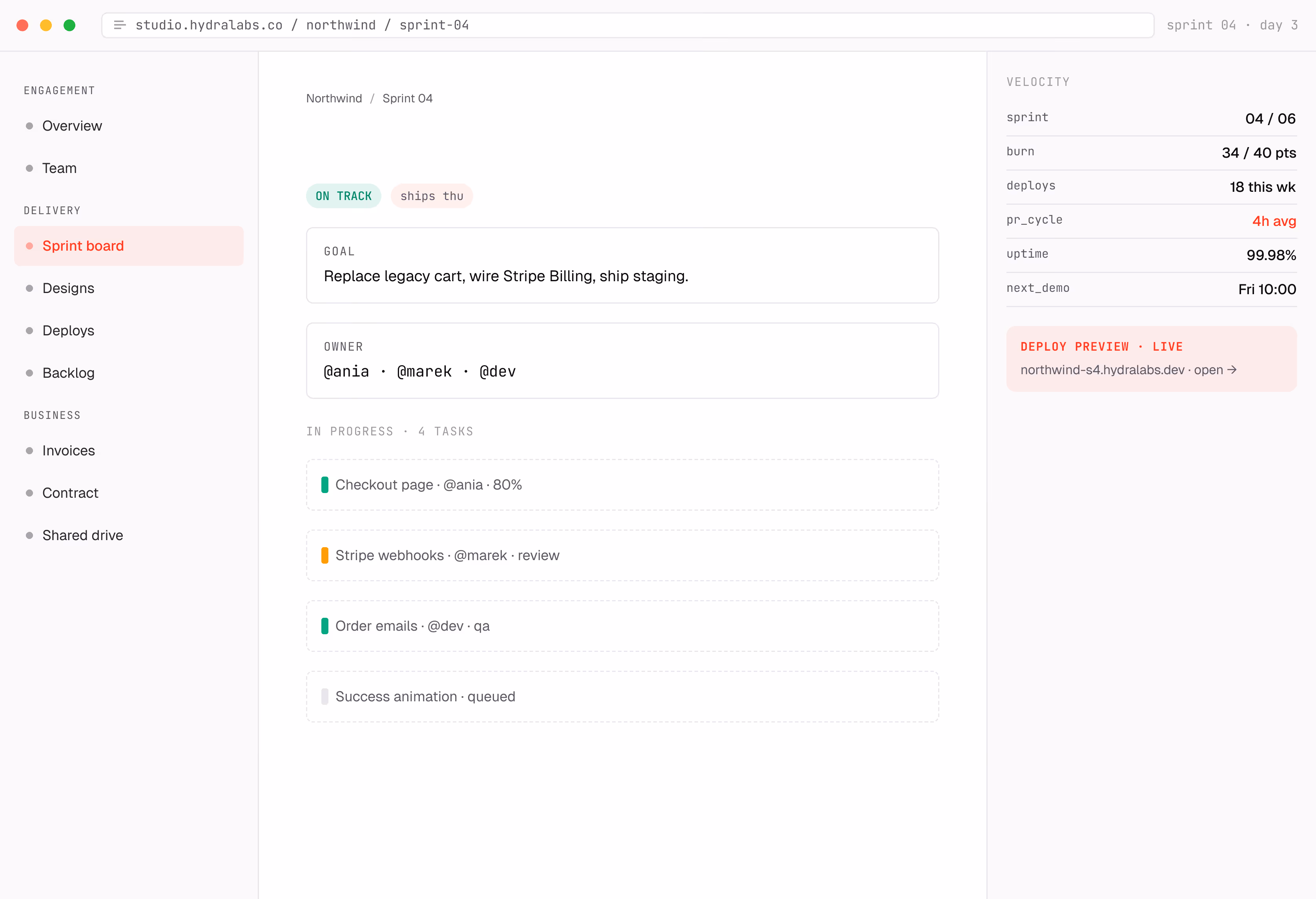 Screenshot of a project management sprint board for "Northwind / Sprint 04" showing 4 in-progress tasks (Checkout page 80%, Stripe webhooks in review, Order emails in QA, Success animation queued), sprint velocity metrics, and a live deploy preview link.