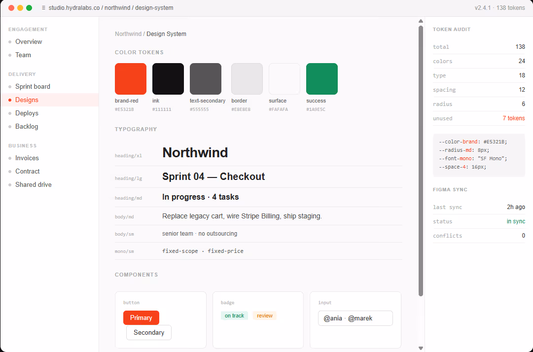 Design system interface displaying color tokens, typography styles, and UI components like buttons, badges, and input fields.