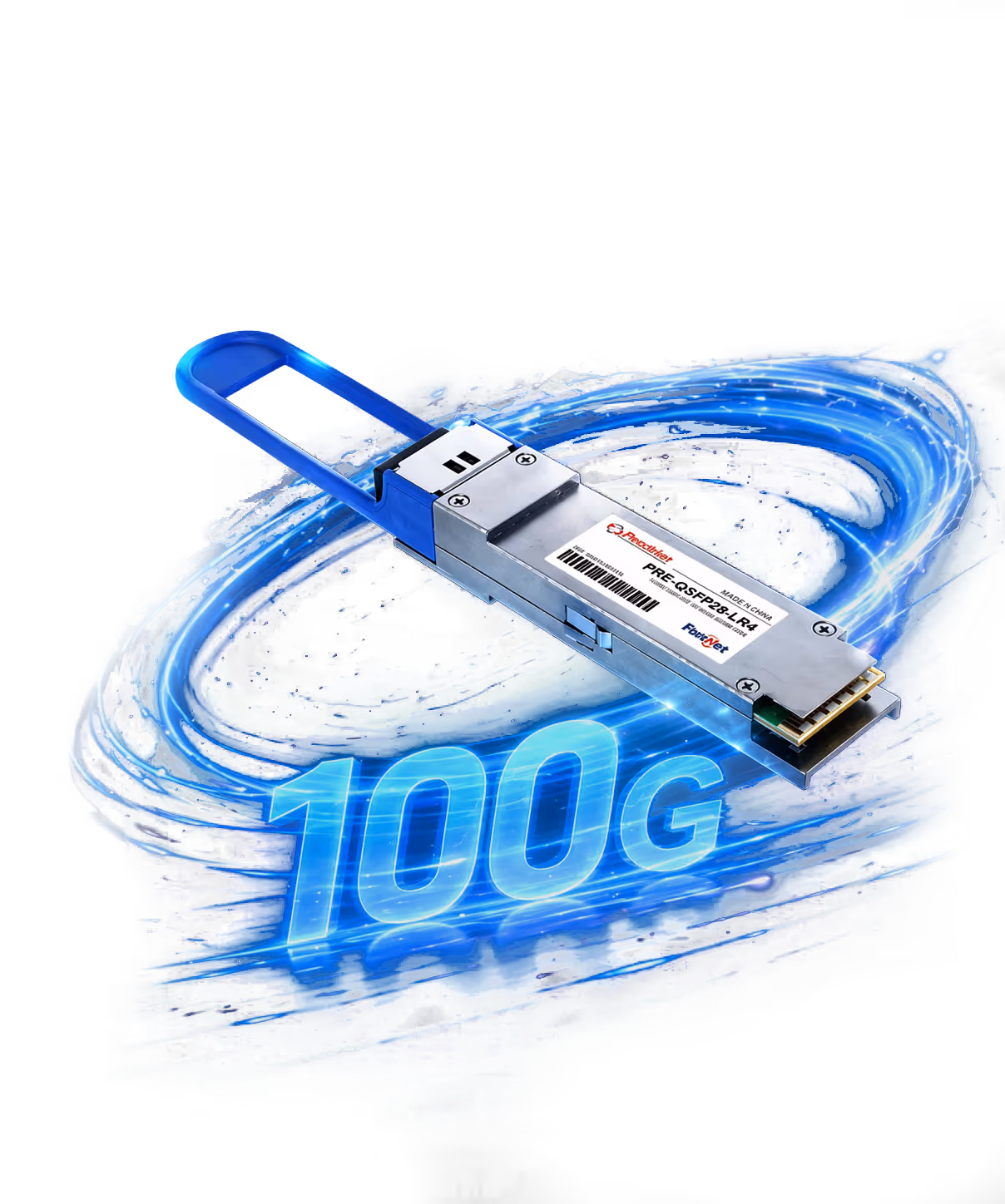 QSFP28 100G transceiver module with blue handle and glowing blue 100G text behind it.