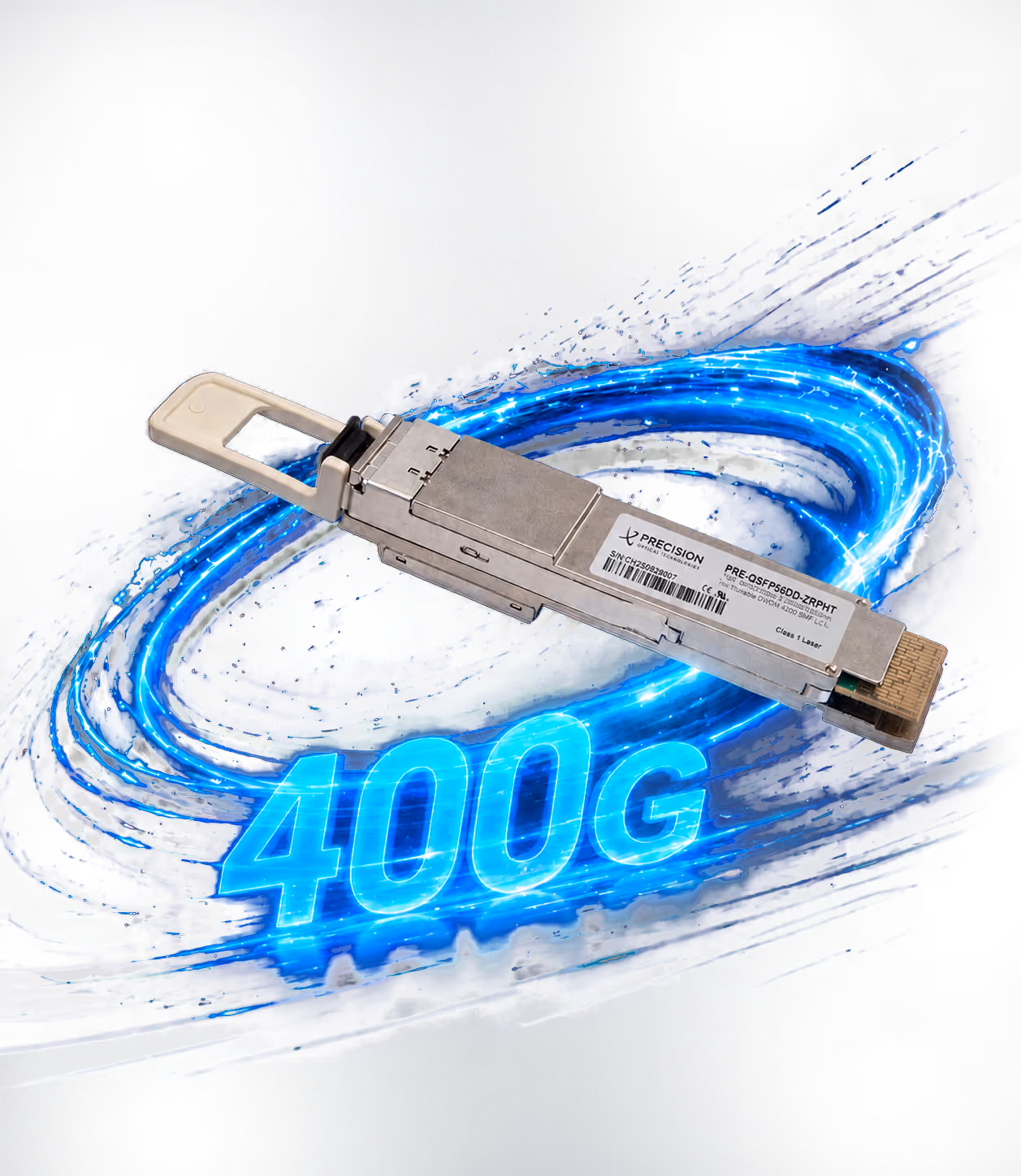 X-Precision 400G optical transceiver module with blue light swirl background.