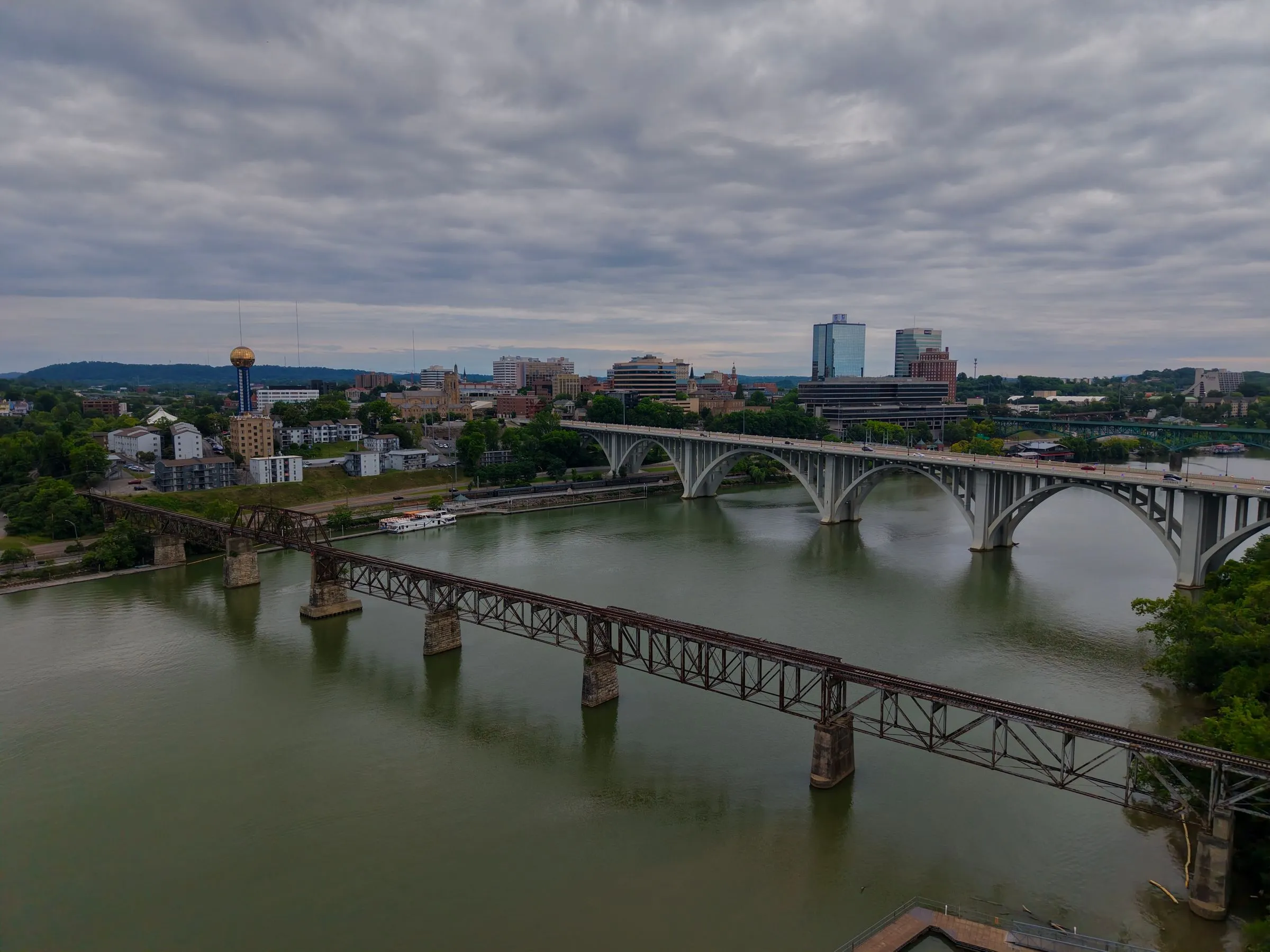 Aerial view of the Knoxville, Tennessee skyline and river bridges