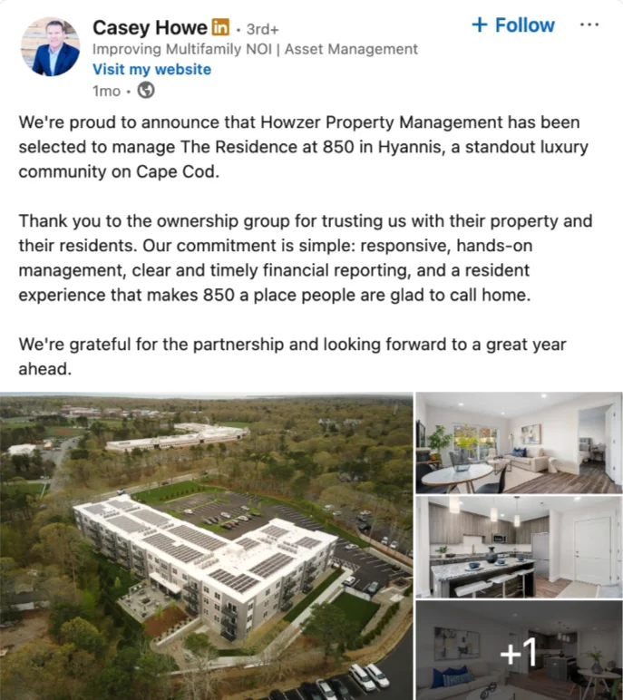 Casey Howe's LinkedIn post announcing Howzer's newest multifamily community