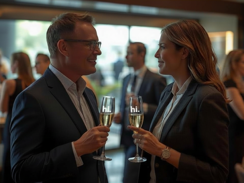 Man and woman in business attire smiling and holding champagne glasses with 'hi.' text at social event.