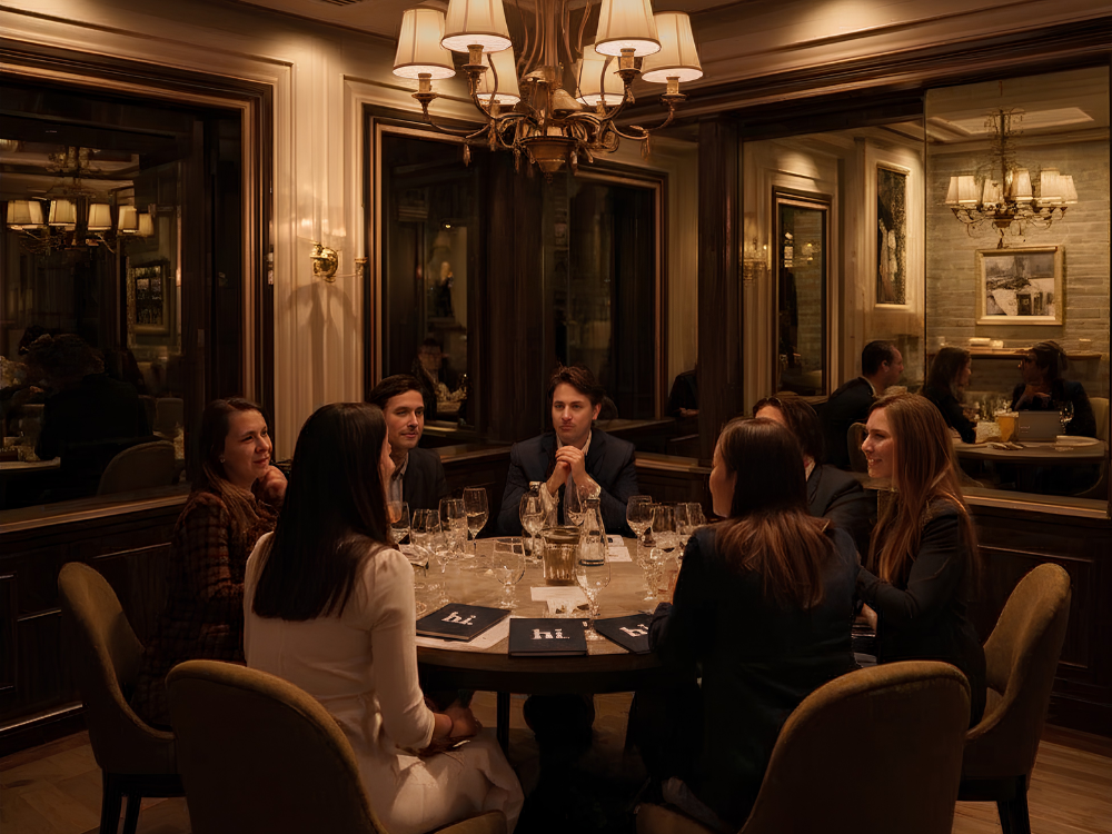 Group of people seated around a round table in a warmly lit room with mirrors on the walls.