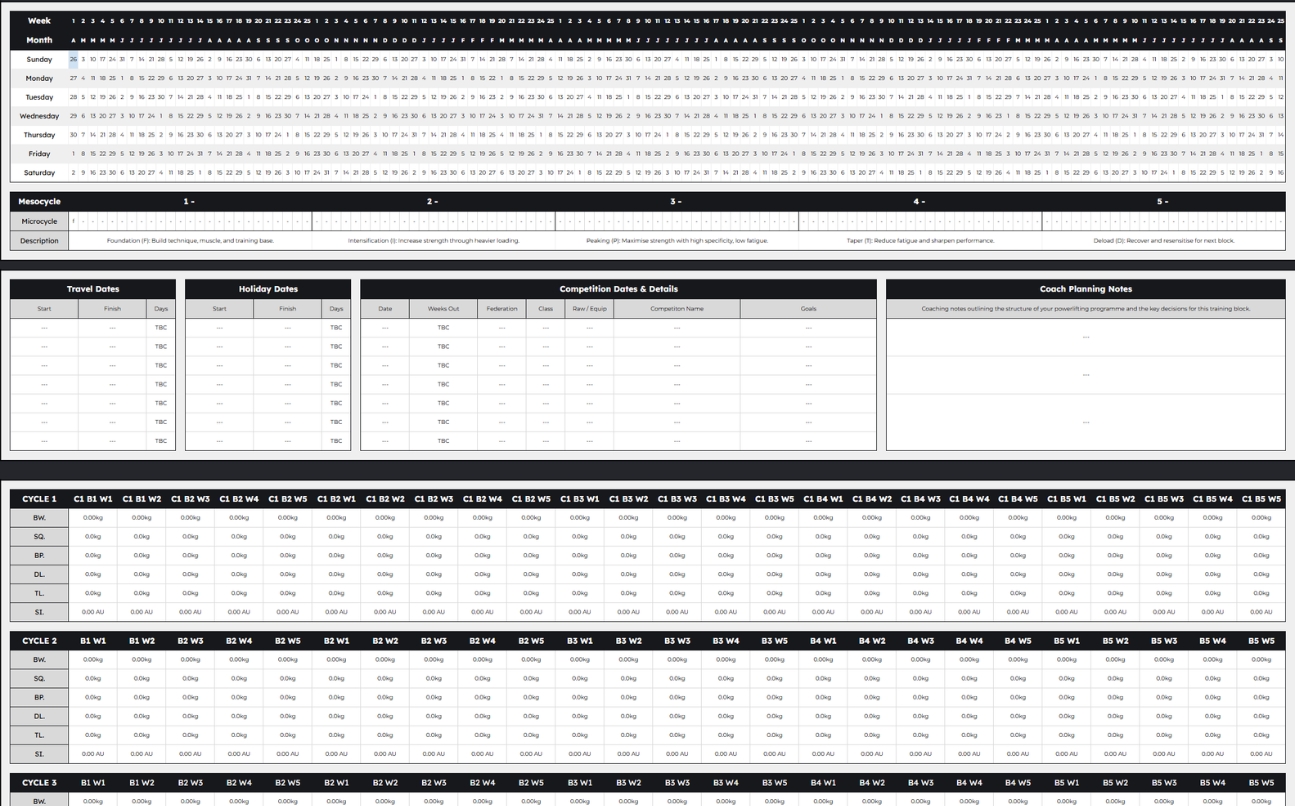 Barbell OS calendar showing training cycle data and planning view.