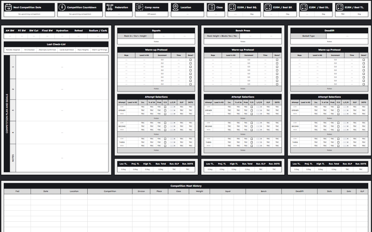 Barbell OS competition planner for meet prep, attempts, warm-ups, and running calculations.