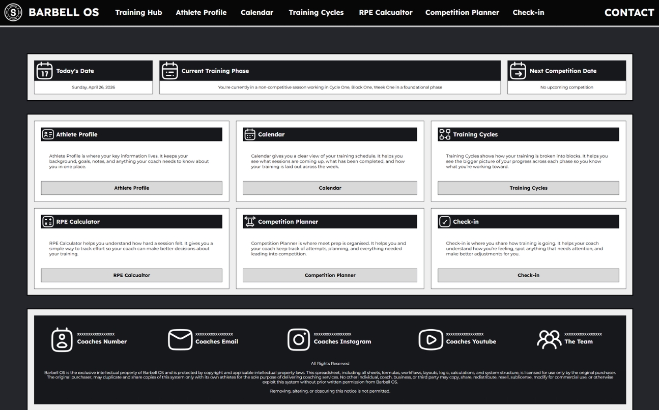 Barbell OS training hub dashboard with links to athlete profile, calendar, competition planner, and check-in diary.