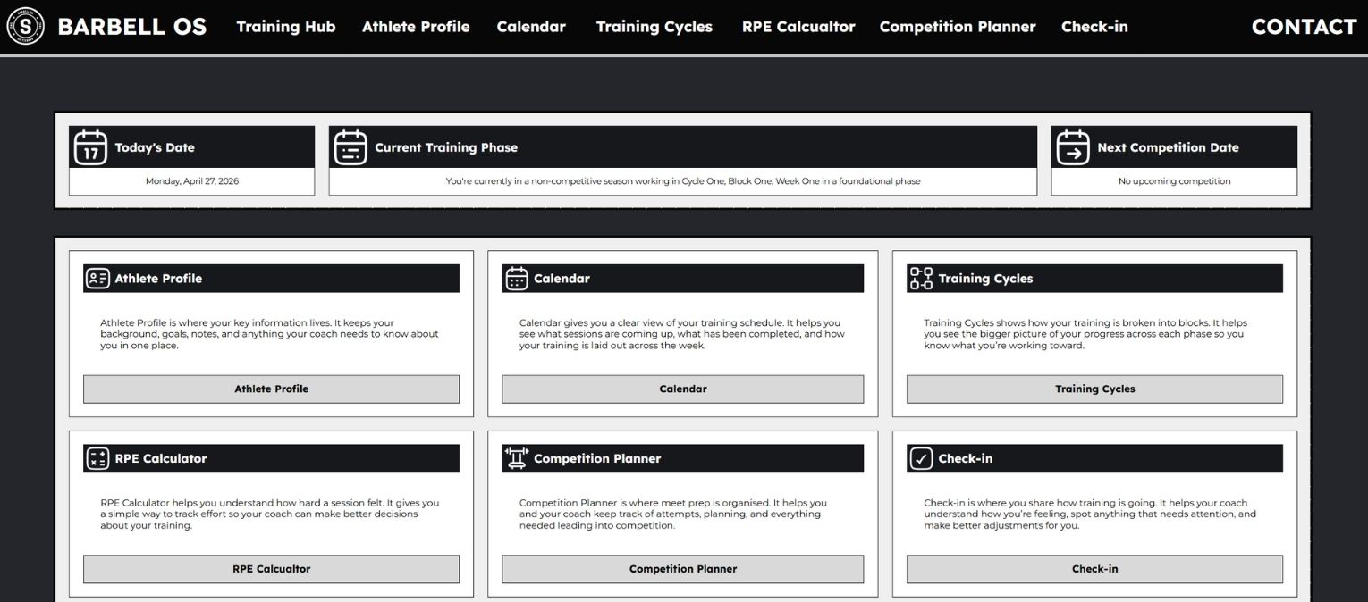 Barbell OS training hub dashboard with links to athlete profile, calendar, competition planner, and check-in diary.