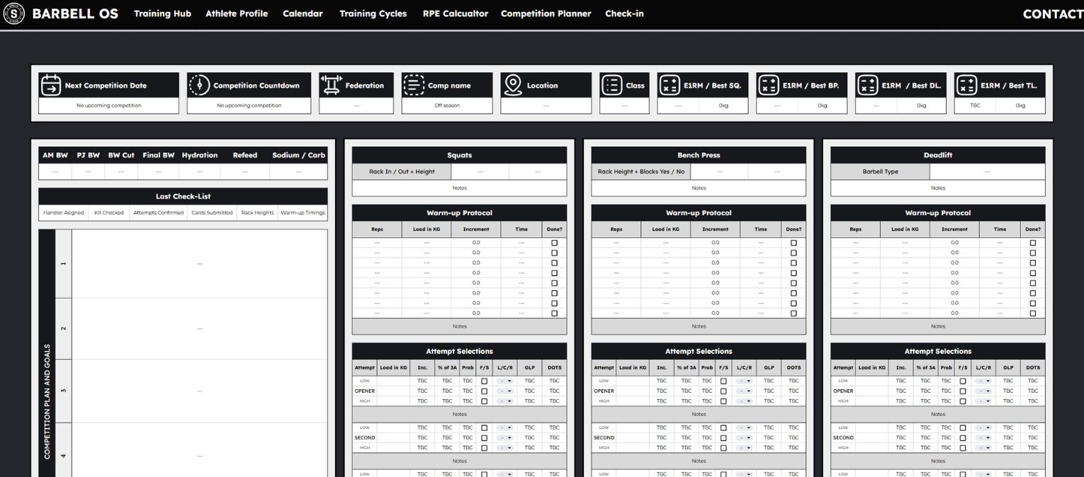 Barbell OS competition planner for meet prep, attempts, warm-ups, and running calculations.