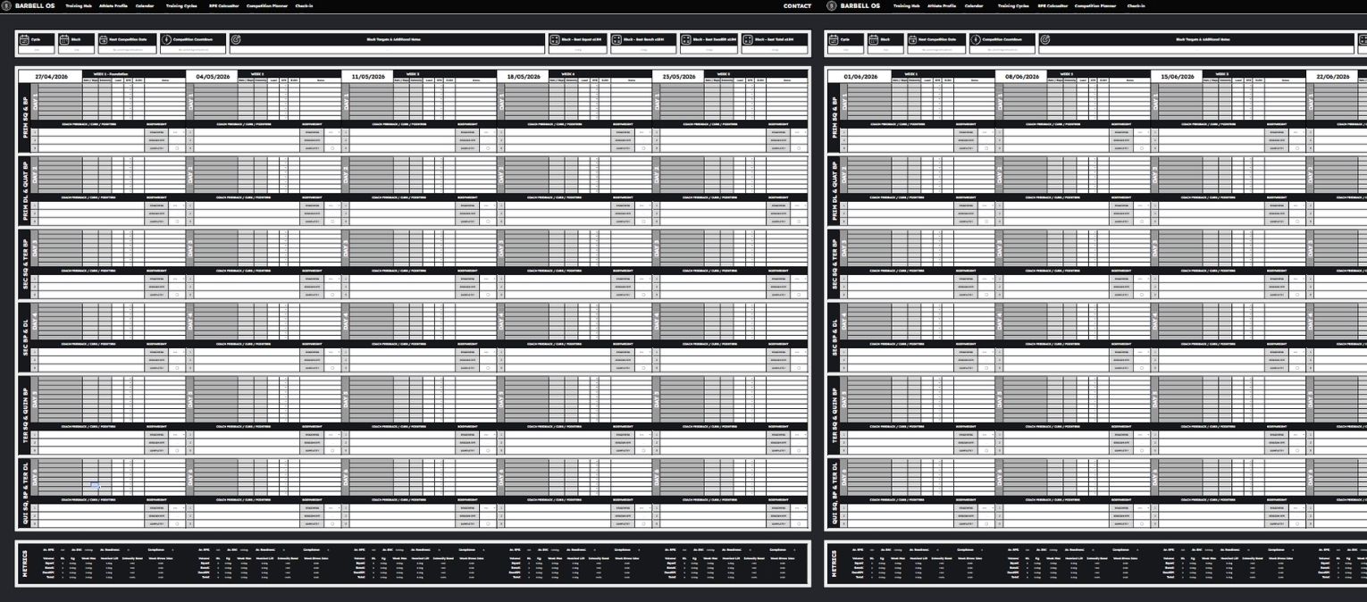 Barbell OS training cycles view showing long-term programme structure.