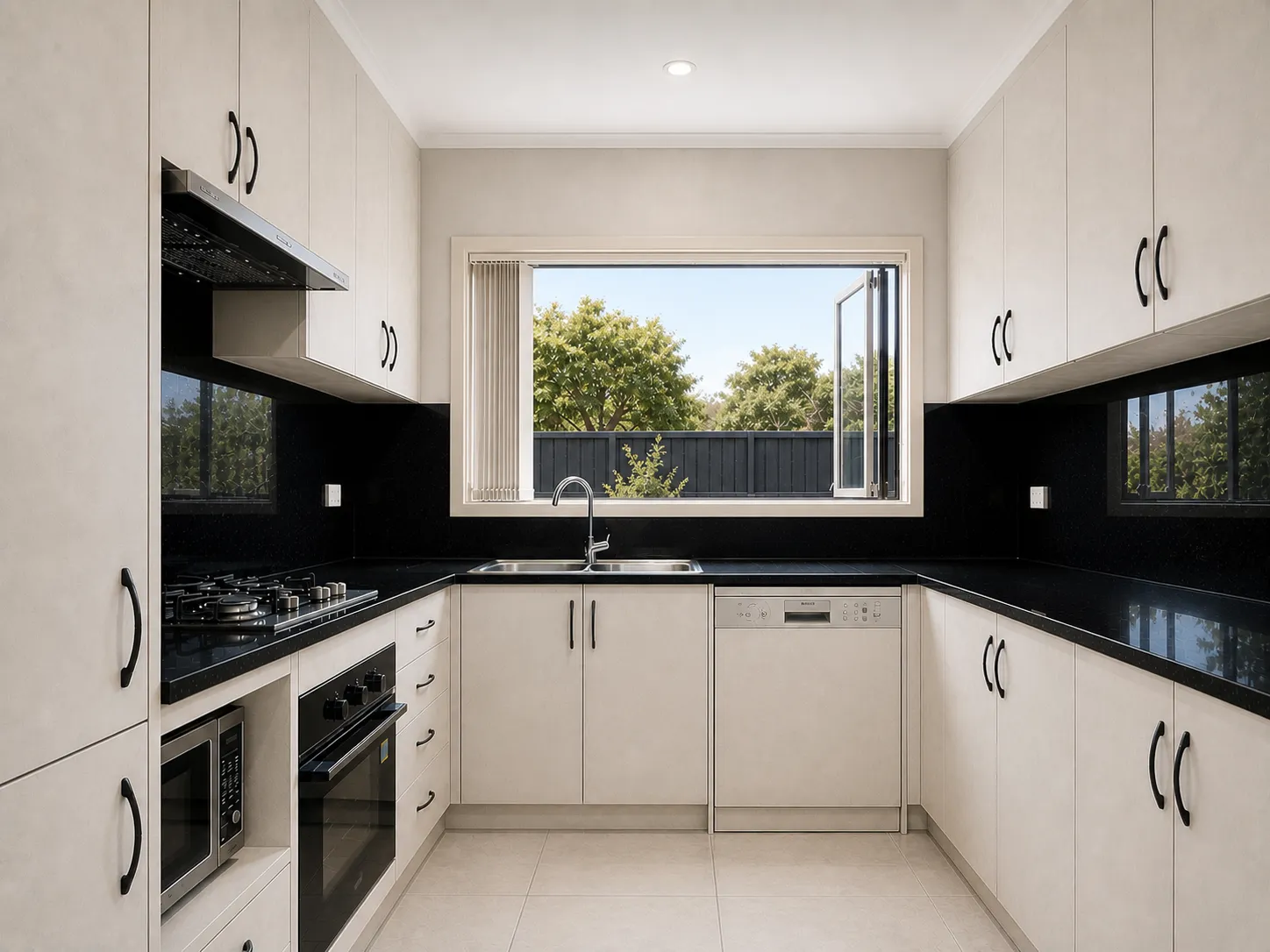 Modern kitchen with black countertops, beige cabinets, a large window above the sink, and stainless steel appliances.