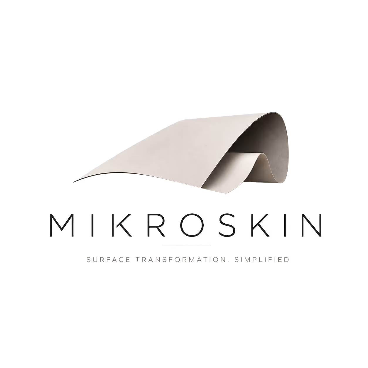 MIKROSKIN logo with a stylized folded paper design above the text and the tagline 'Surface Transformation, Simplified'