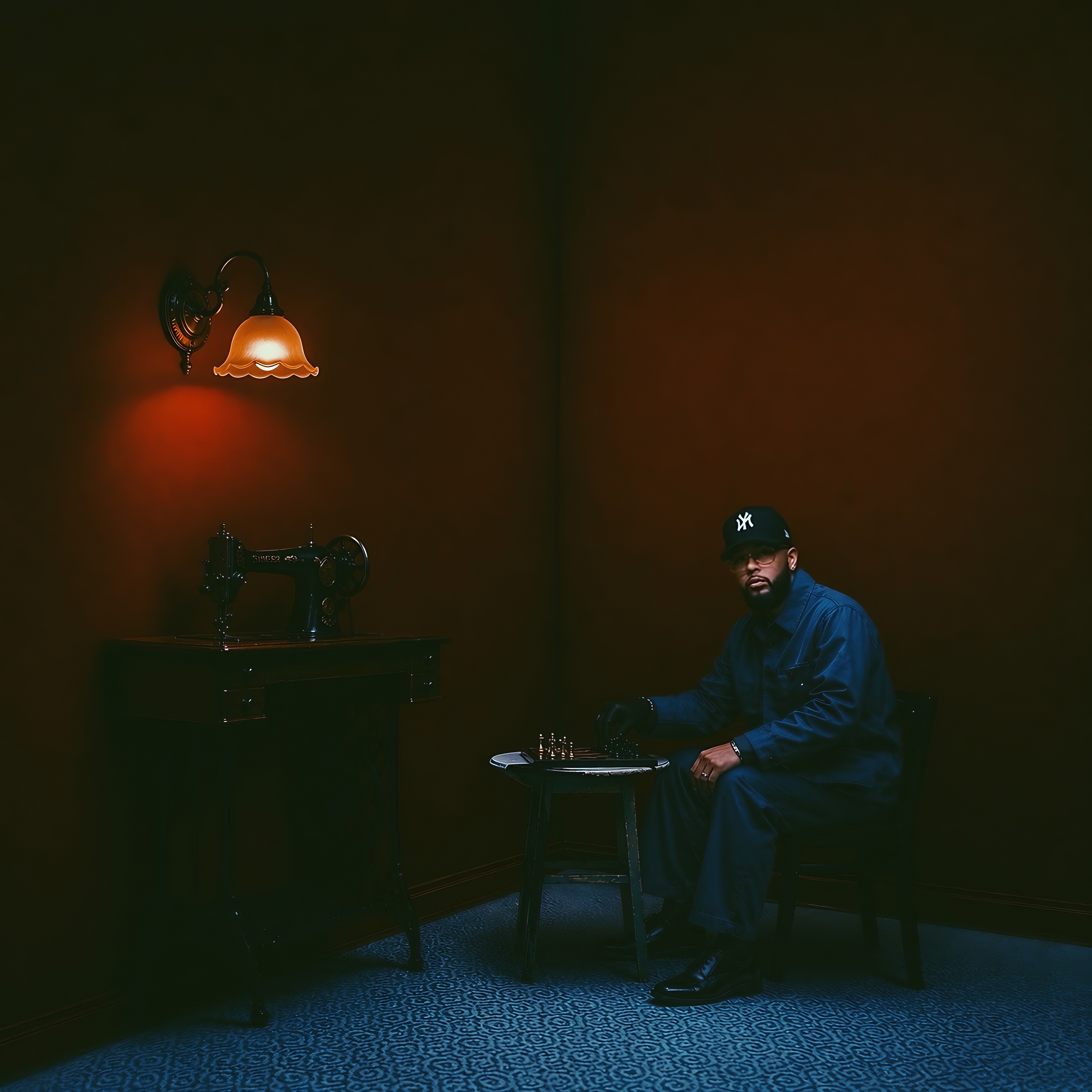 Close-up side profile of a person with short blonde hair and large round glasses against an orange background.