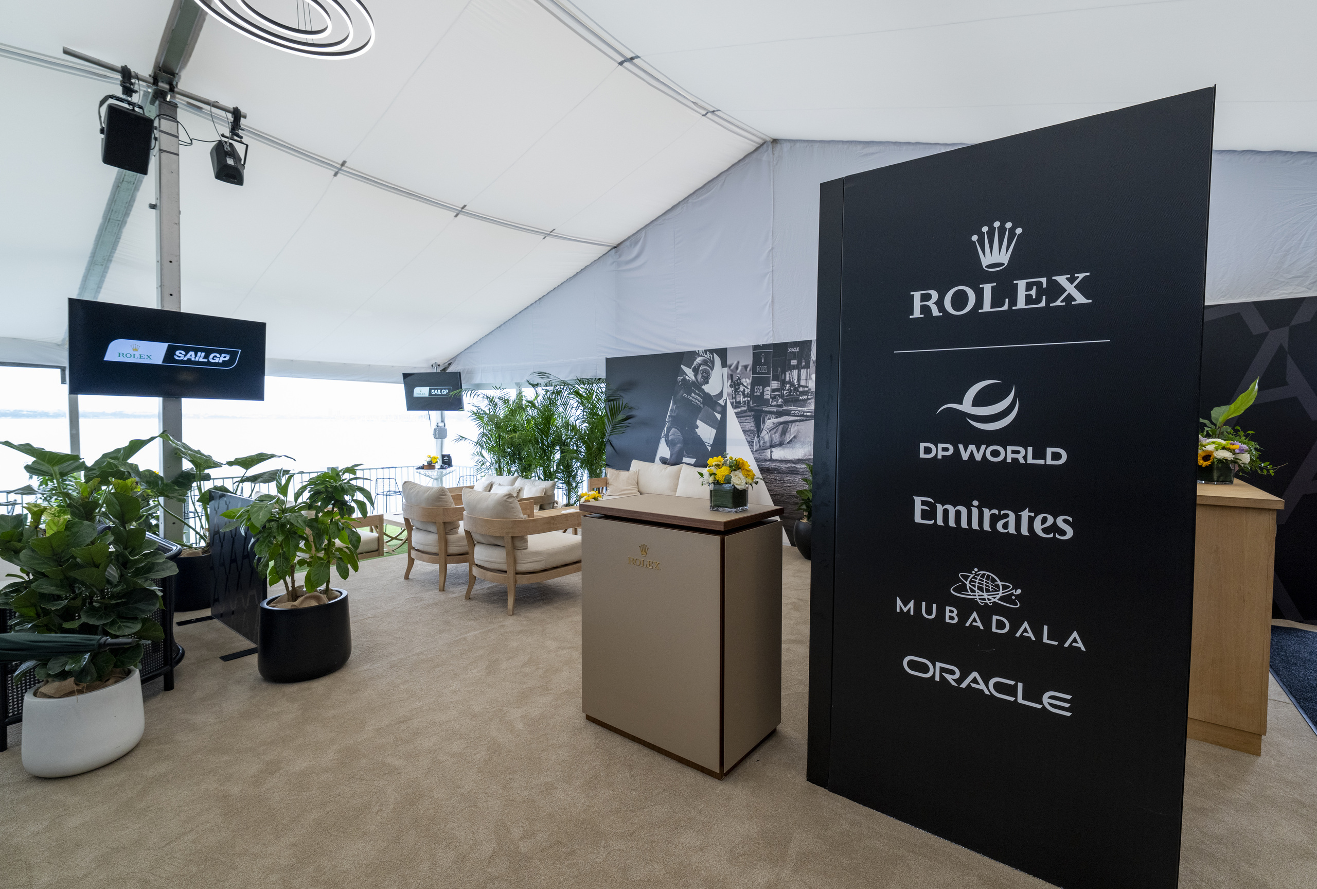 GreenAir botanical styling in a SailGP Auckland 2026 hospitality lounge