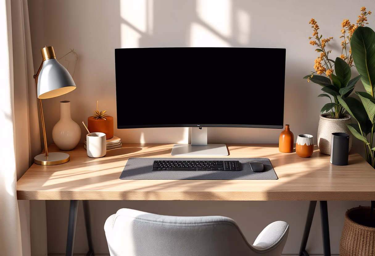 image of a desk with a computer in workspace (for a space tech)
