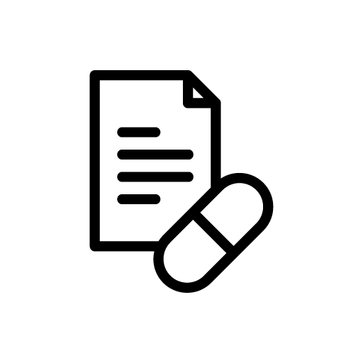 Icon of a medical prescription paper with a capsule pill in front.