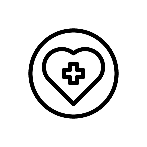Heart shape with a medical cross inside, enclosed in a circle outline.
