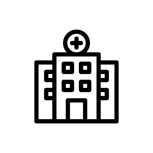 Black line hospital building icon with a medical cross above the entrance.