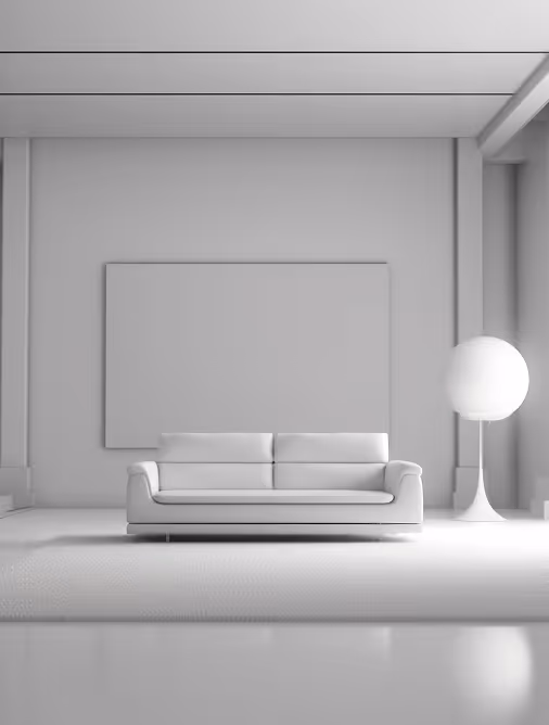 Minimalist modern living room with a white sofa, large blank wall art, and a spherical floor lamp.