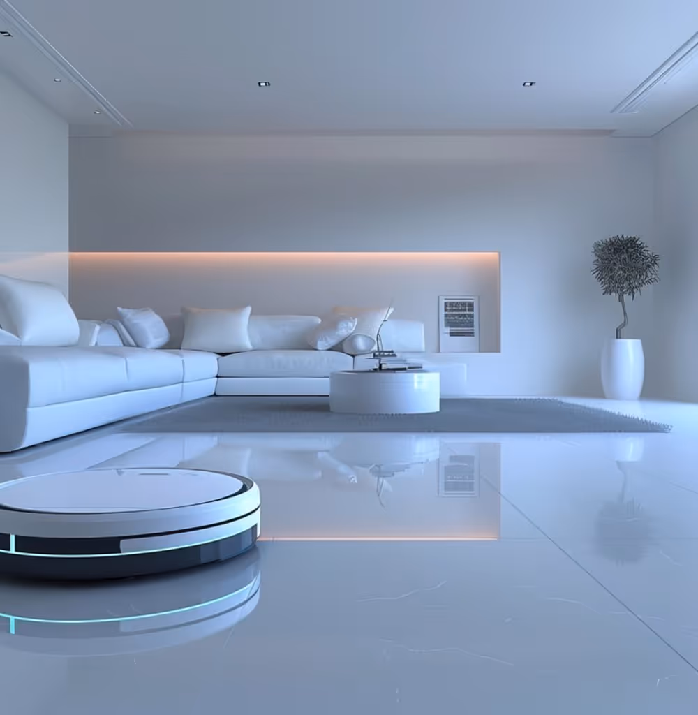 Modern living room with white sectional sofa, round coffee table, potted plant, and a robotic vacuum cleaner on shiny floor.