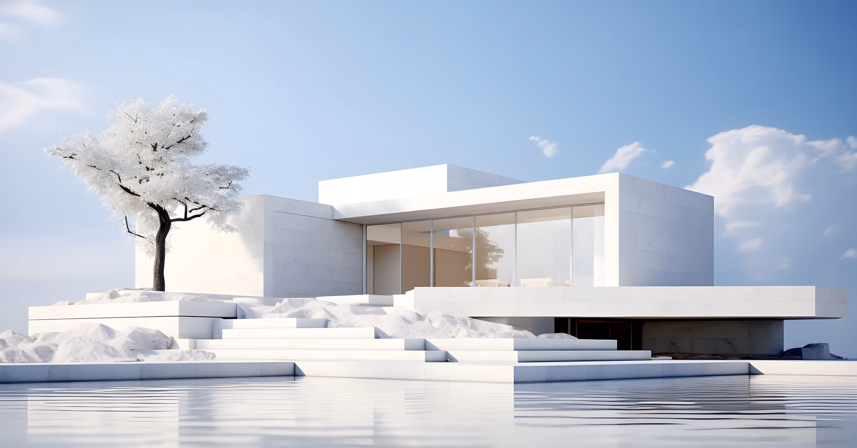 Modern white minimalist house with large glass windows, stairs leading to water, and a tree with white leaves on the left.