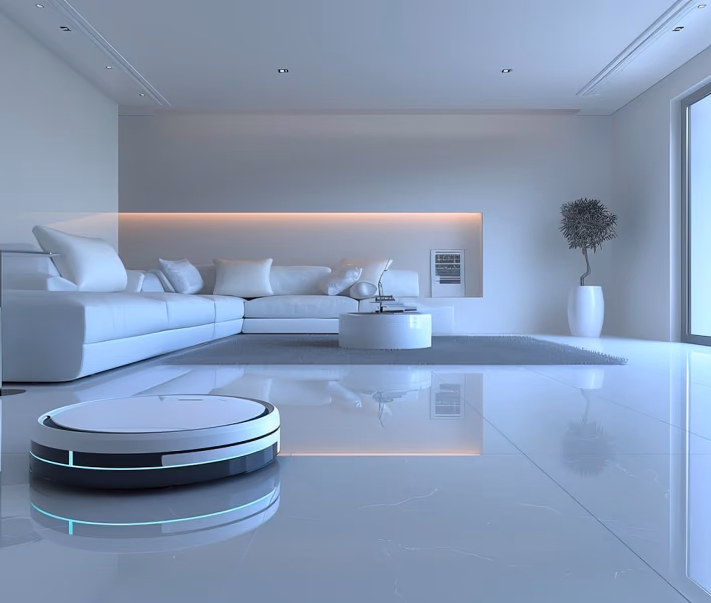 Modern living room with a white sectional sofa, round coffee table, potted plant, and a robotic vacuum cleaner on shiny floor.