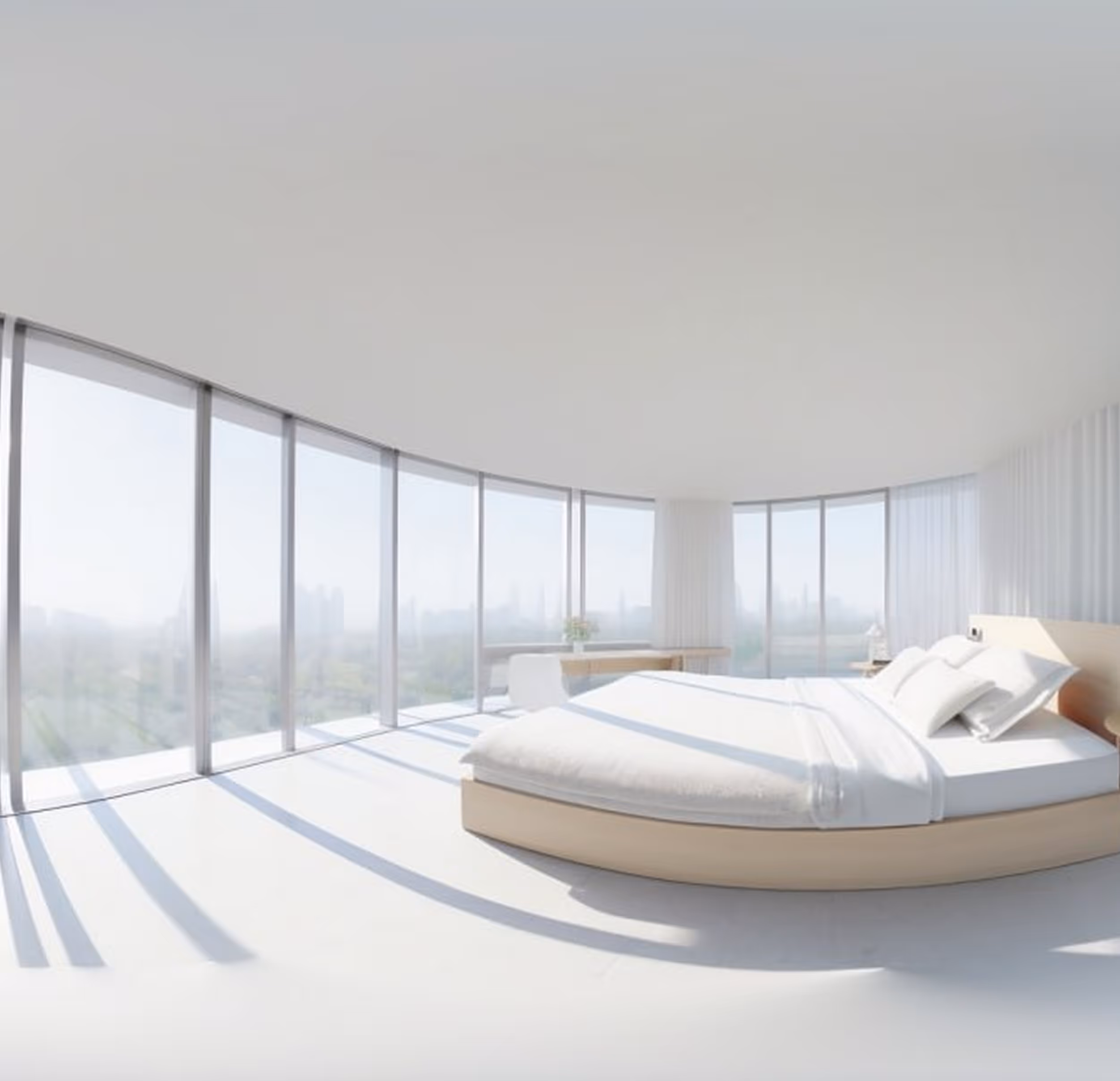 Bright bedroom with large curved floor-to-ceiling windows, a wooden bed with white bedding, and a desk with a chair.