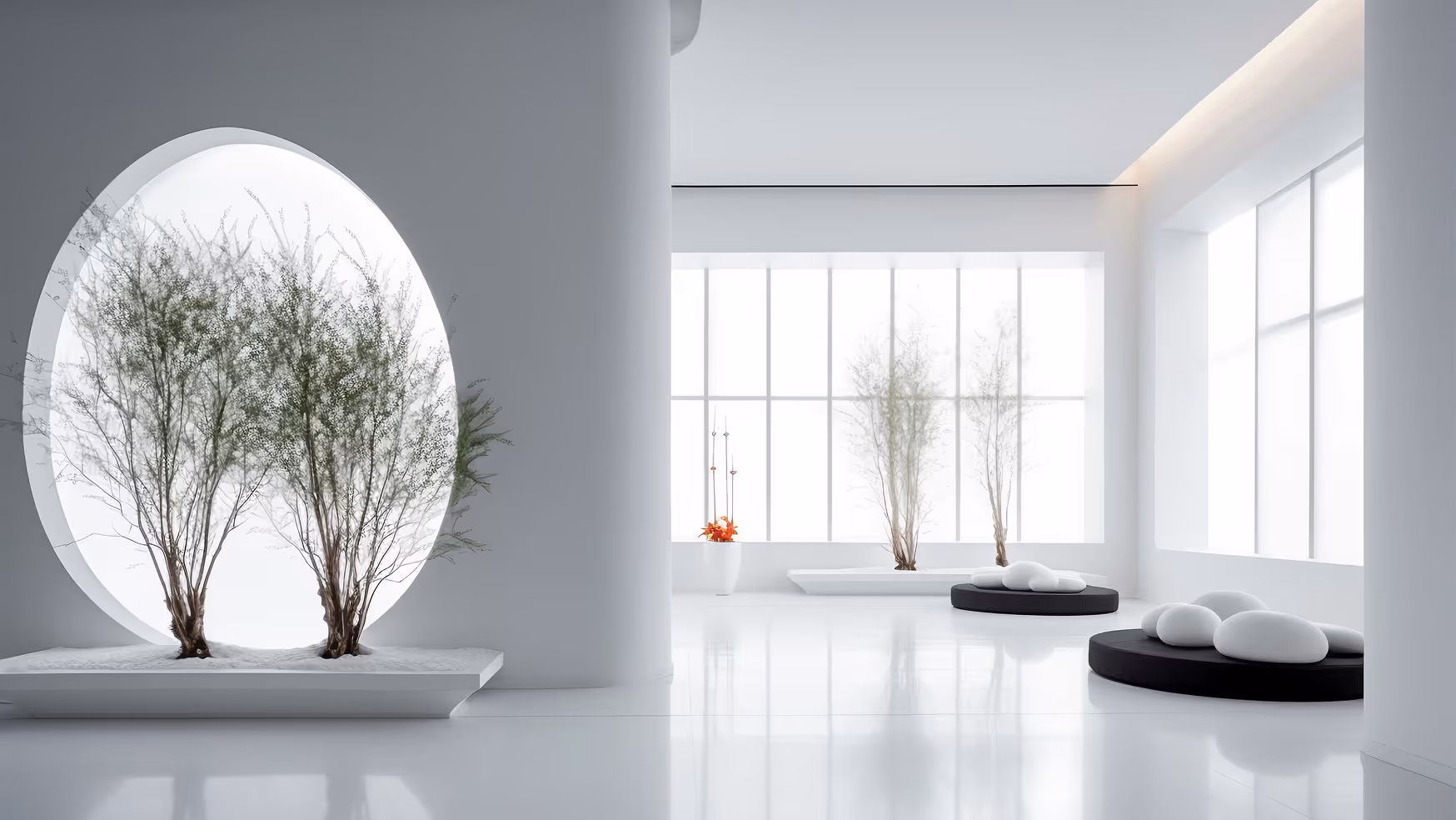 Minimalist white interior with large circular window planter holding thin trees and black round seating with white cushions.