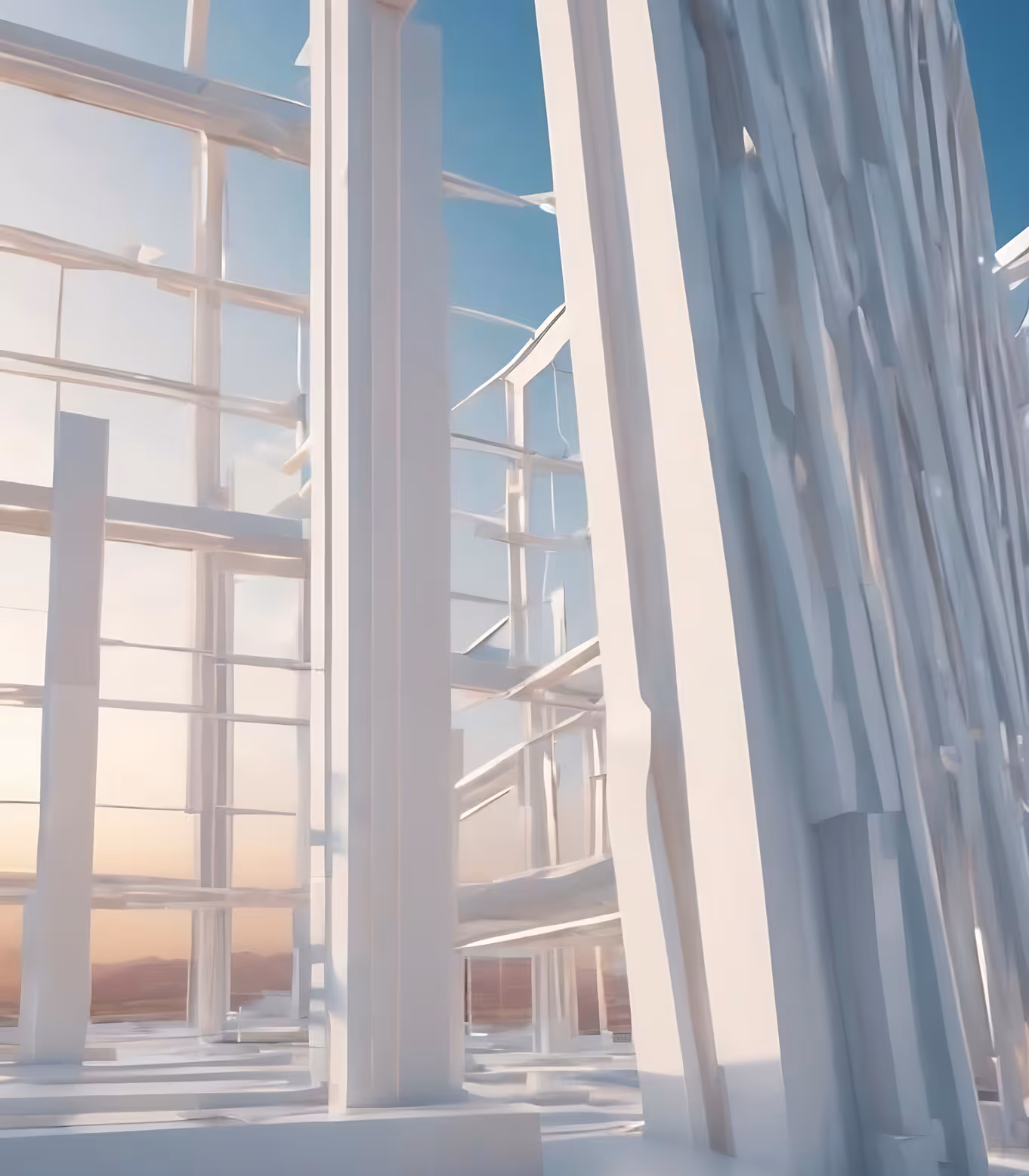 Interior view of a modern building framework with large white columns and beams against a clear sky at sunset.