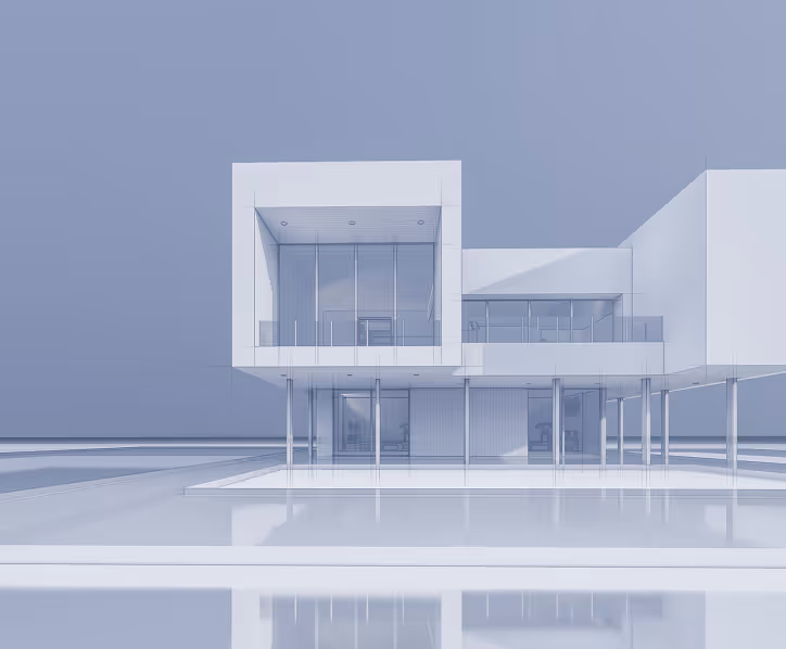 Modern two-story glass house with flat roof and a large balcony reflected in a pool.