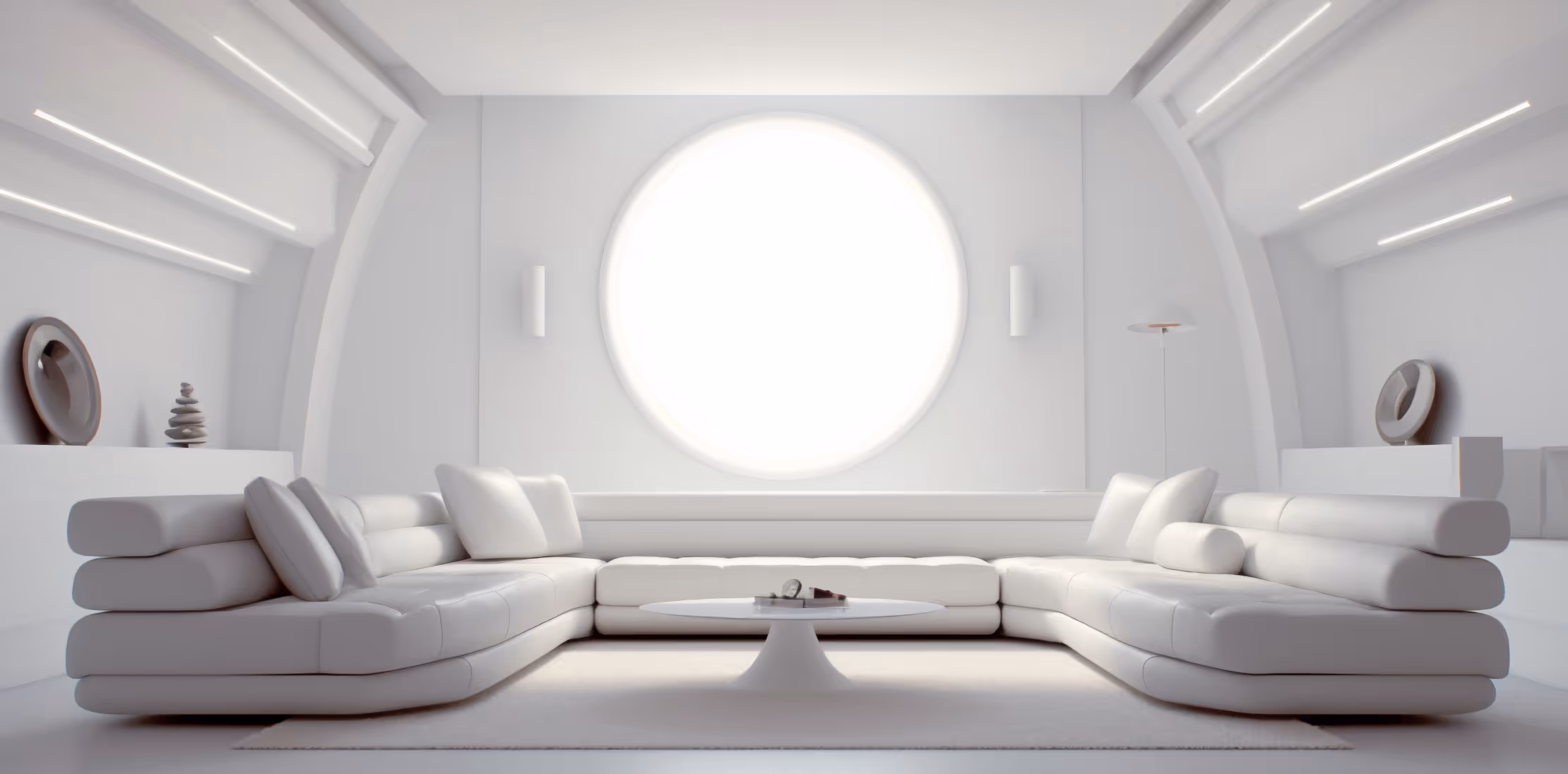 Minimalist white living room with a large circular window, curved sectional sofa, and a round coffee table.
