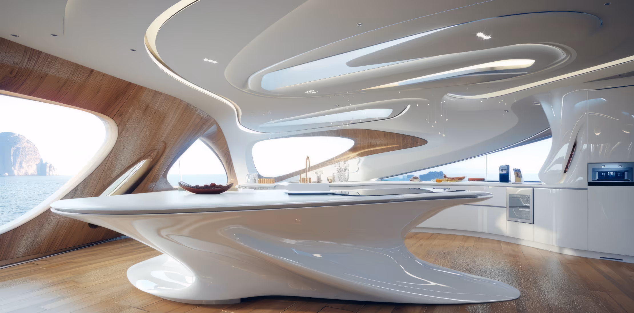 Futuristic white kitchen interior with sleek curved island, wood accents, and large windows overlooking water.