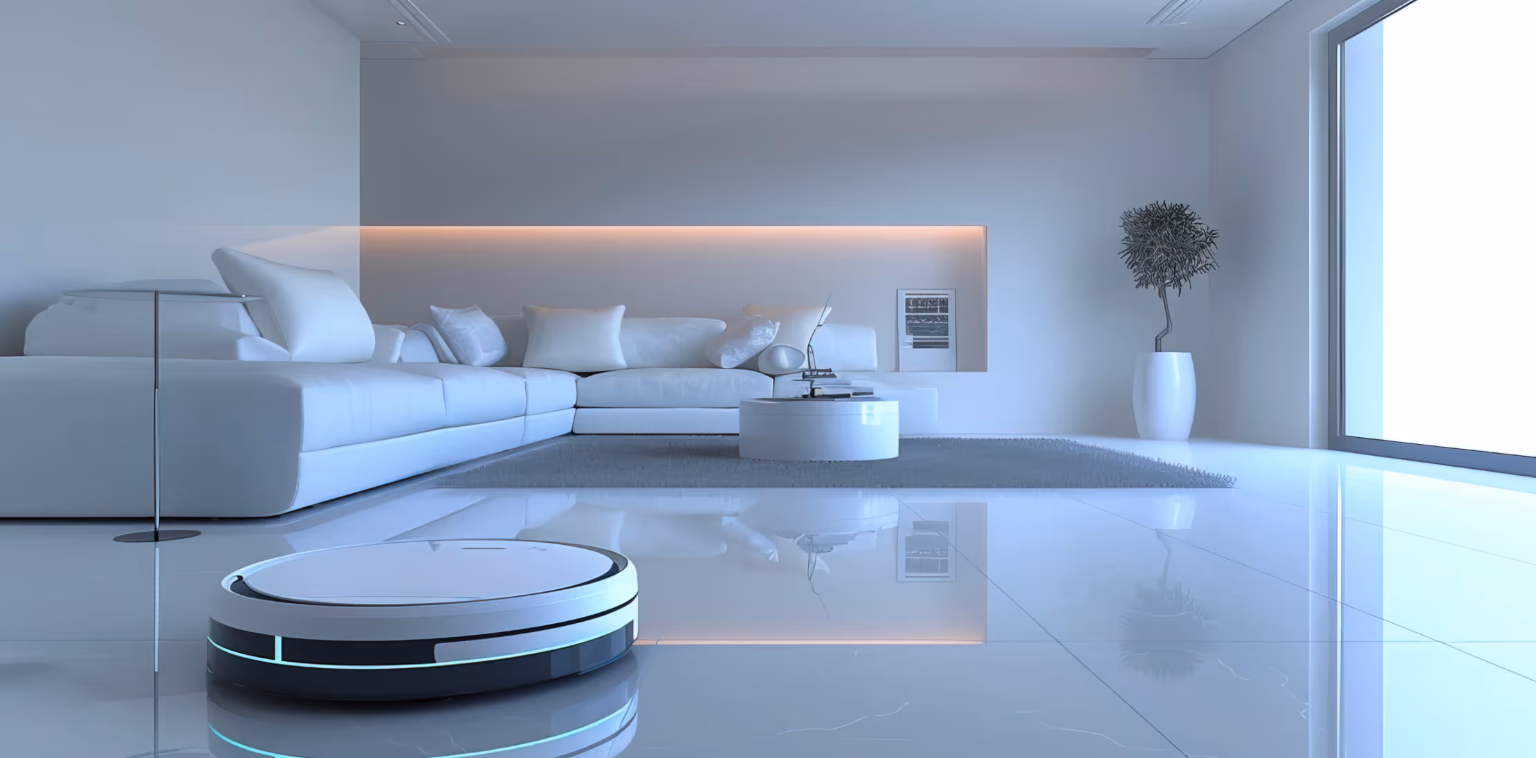 Modern white robotic vacuum cleaner on shiny tiled floor in minimalist living room with white sofa and large window.