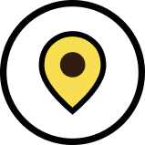 Yellow location pin icon with a dark brown center on a white circular background.